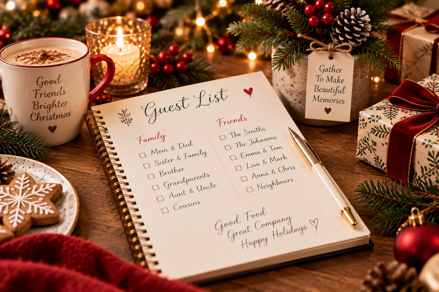 Christmas guest list notebook surrounded by festive greenery, candles and gifts