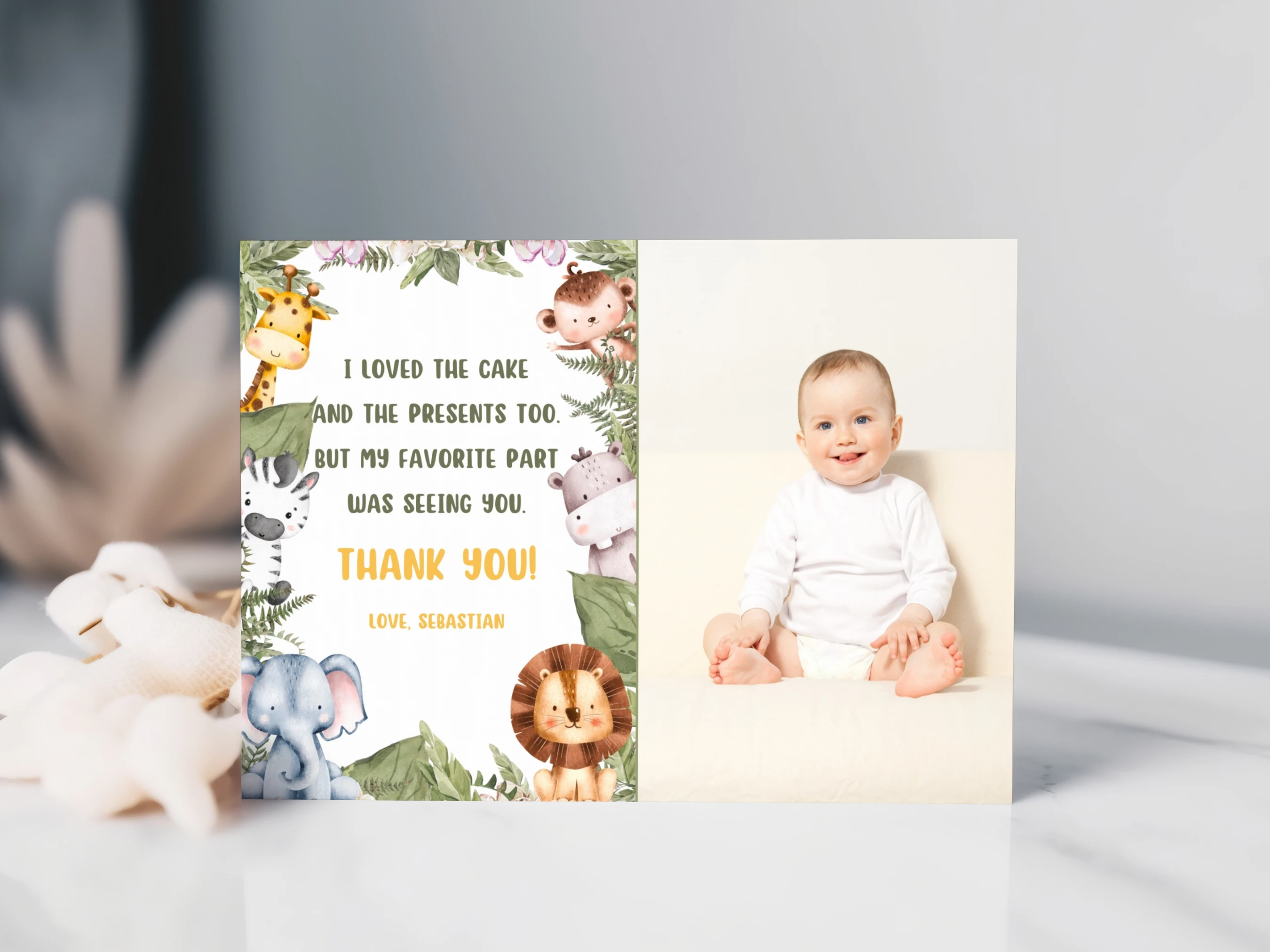 wild one safari thank you card, jungle animals thank you note, birthday thank you card with photo, safari birthday thank you note, printable kids thank you card