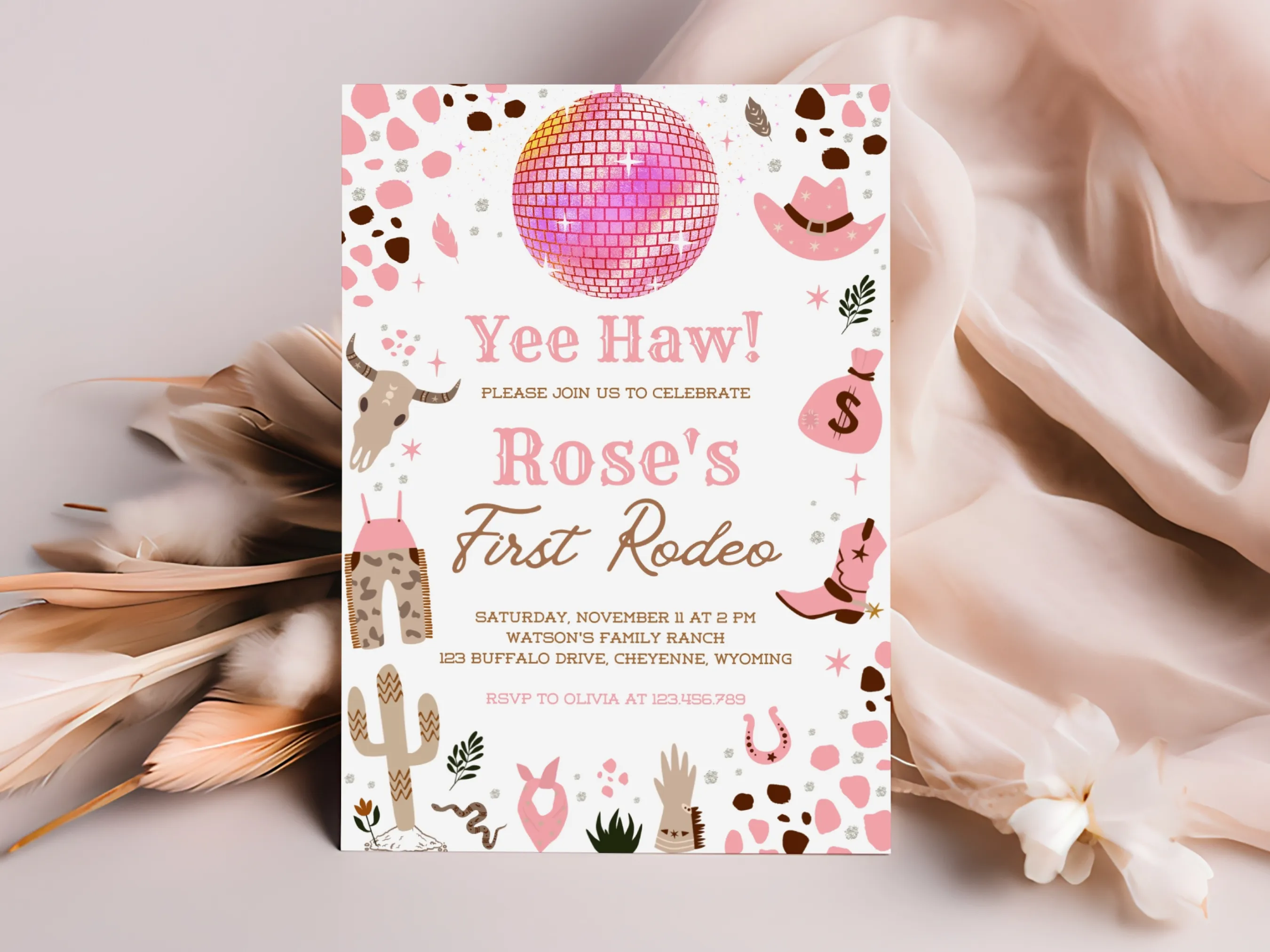 Space Cowgirl First Rodeo invitation — disco western theme editable Canva template for girl’s birthday party (digital download)