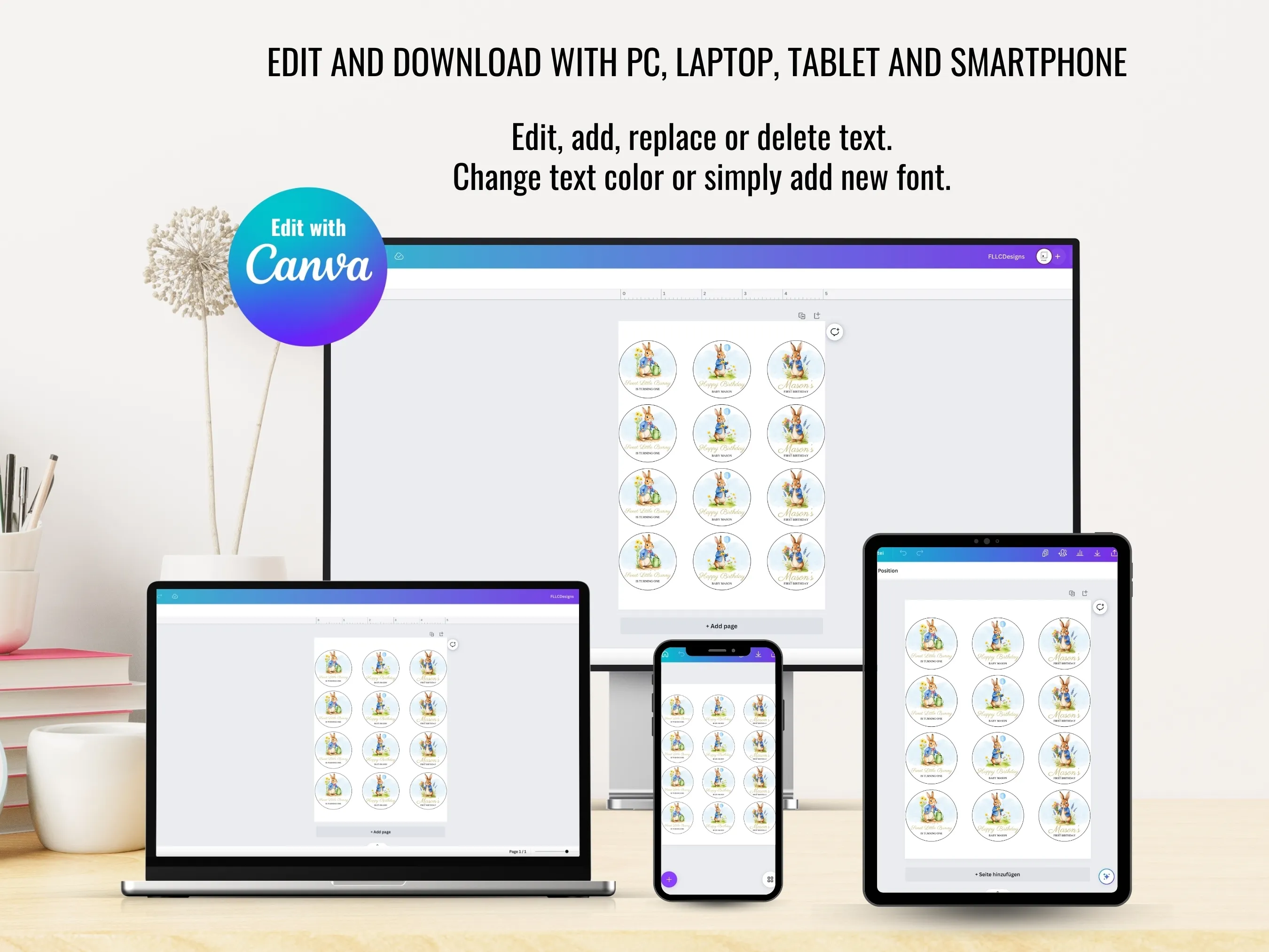 Peter Rabbit Happy Birthday Cupcake Toppers | Peter Rabbit 1st Birthday Toppers | Flopsy Bunny “One” Cake Topper | Editable Canva Template | Digital Download