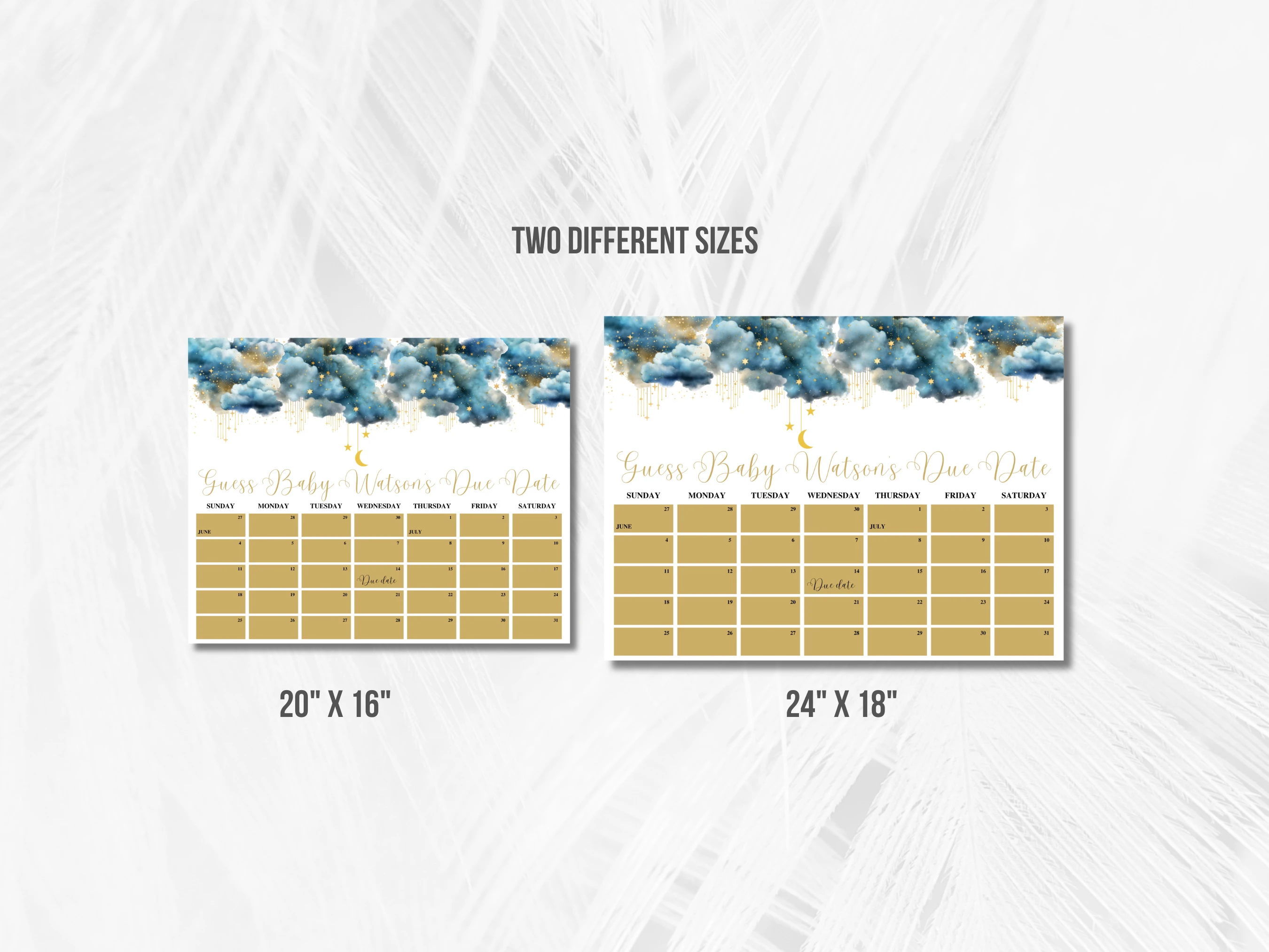 Twinkle Little Star Baby Due Date Calendar | Over The Moon Prediction Game | Blue And Gold Guess The Birthday | Editable Canva Template | Digital Download