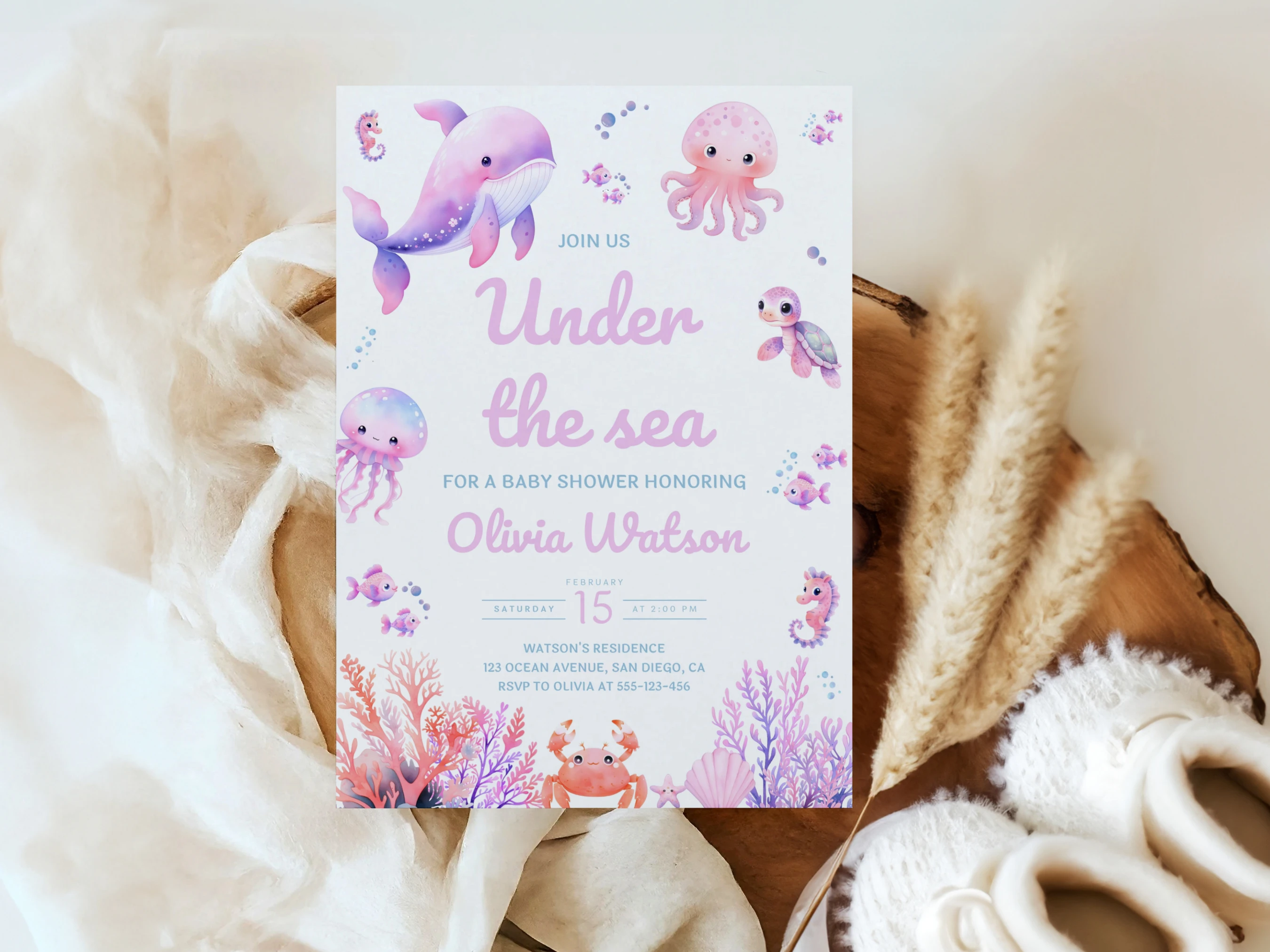 Under The Sea Baby Shower Invitation Set | Ocean Animals Pink Starter Pack For Baby Girl | Editable Canva Template | Digital Download