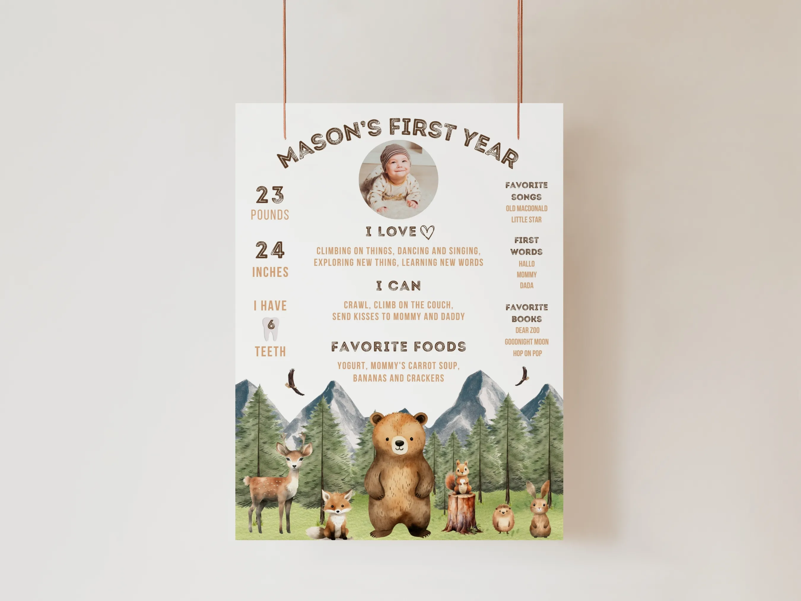 Woodland birthday milestone board with forest animals theme for a Wild One first birthday, editable Canva template digital download by fllcdesigns