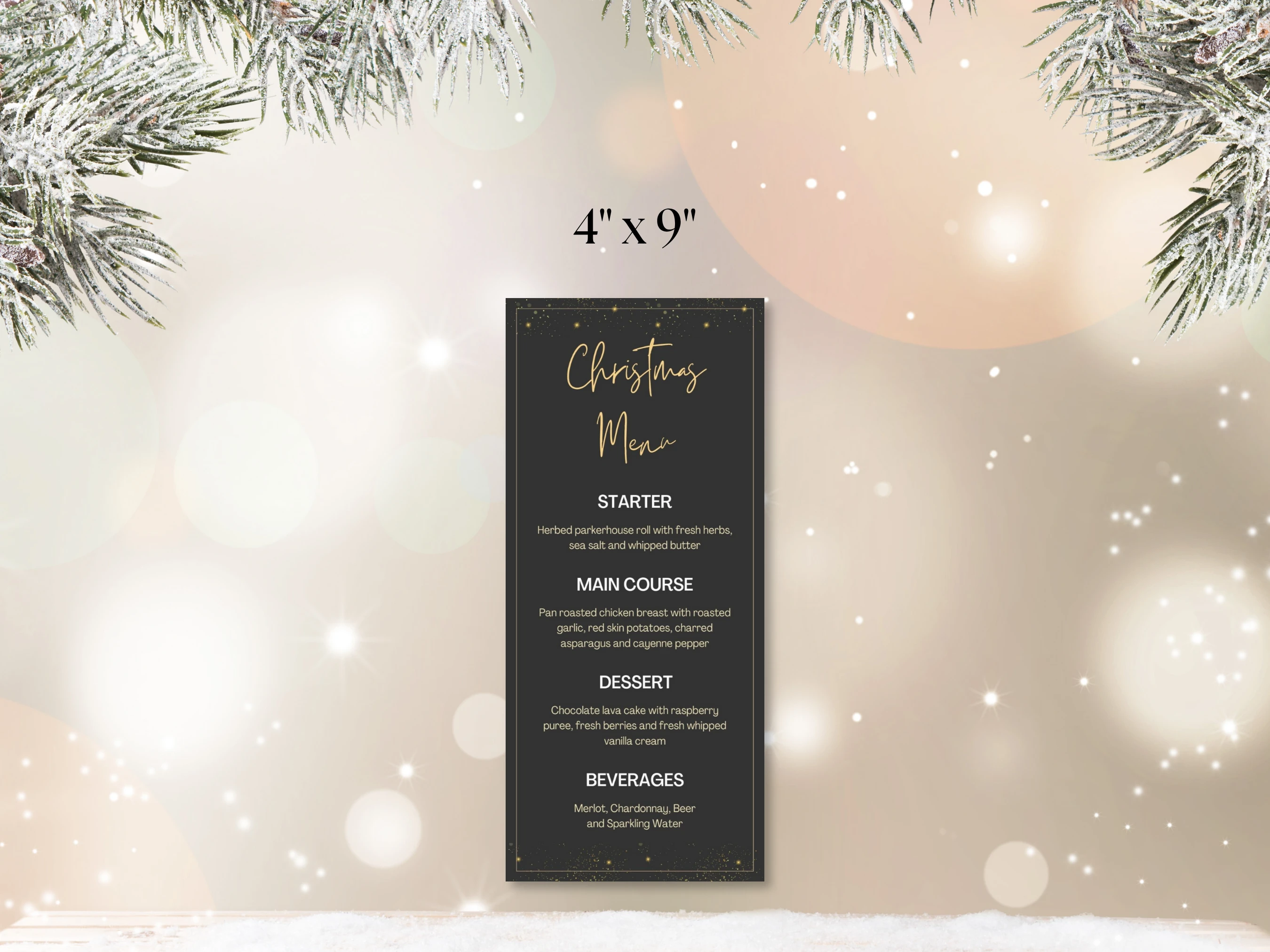 Christmas Dinner Menu Template | Elegant Black and Gold Holiday Table Decor | Editable Canva Template | Digital Download