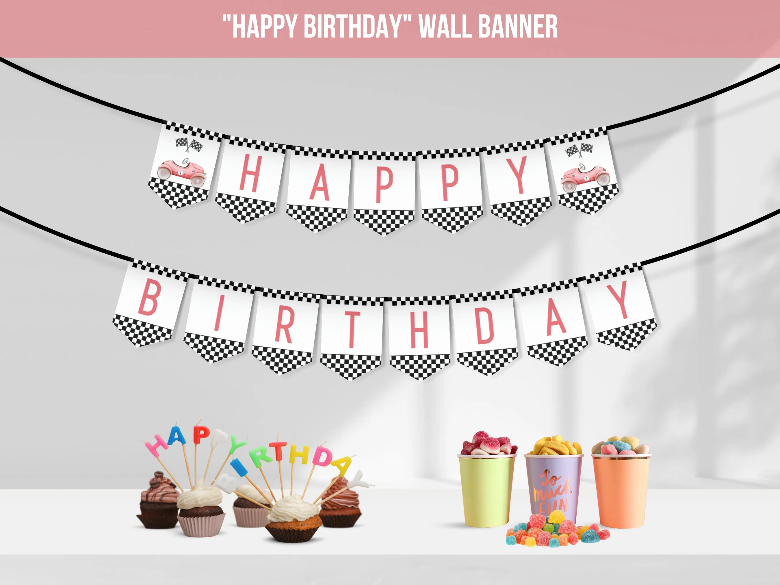 Fast One Happy Birthday banner with red race car theme, customizable birthday wall banner and party bunting, editable Canva template by fllcdesigns