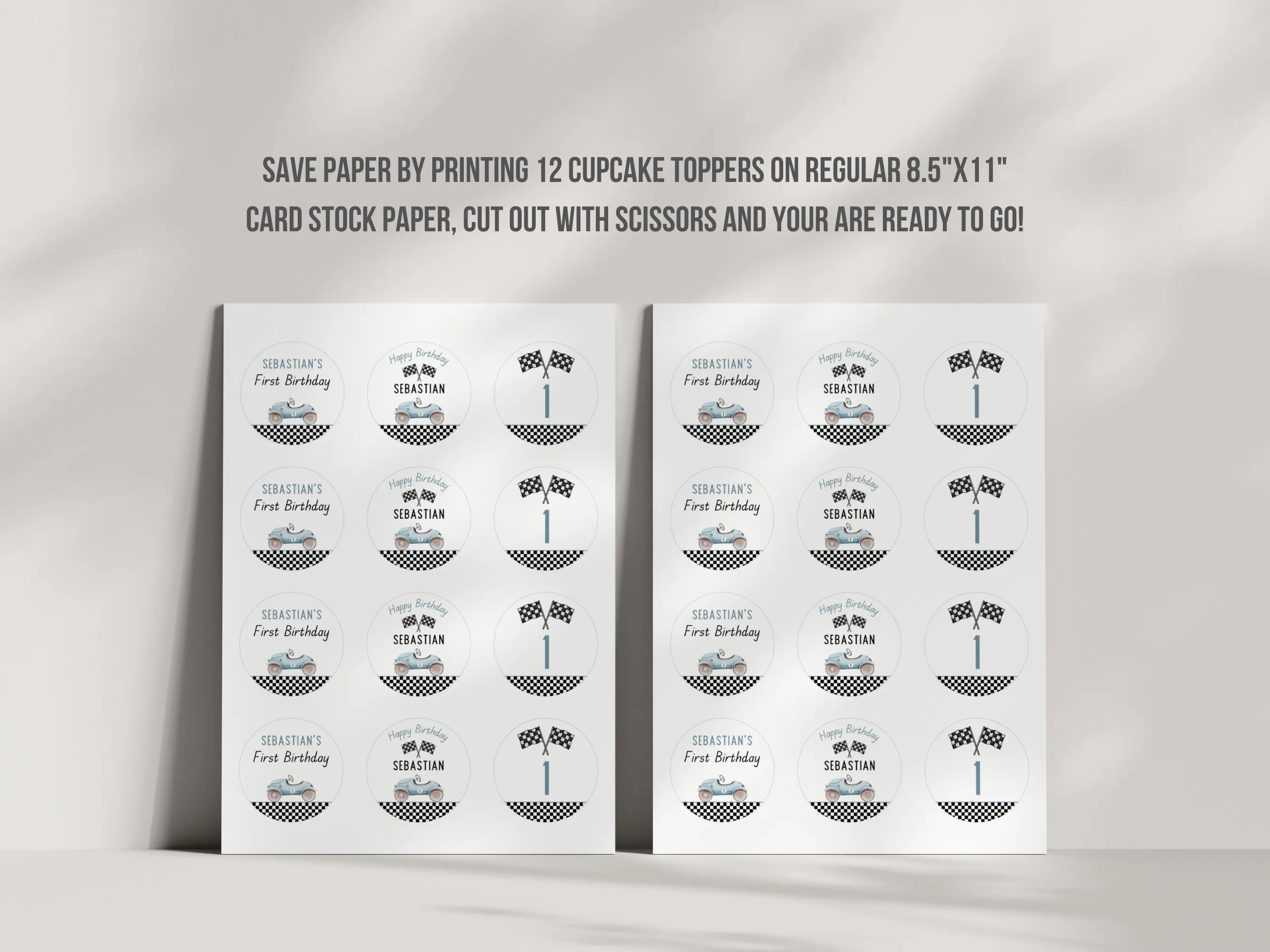 Fast One Birthday Cupcake Toppers | Blue Race Car 1st Birthday Cupcake Toppers | Racing Birthday Cake Topper | Happy Birthday Cupcake Topper | Editable Canva Template | Digital Download