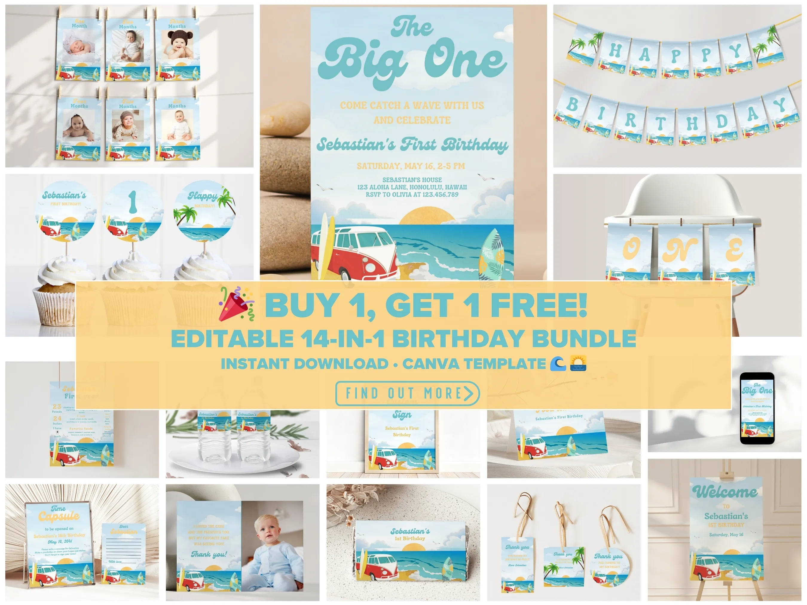 The Big One surf birthday bundle — beach theme editable Canva templates with VW truck design for invitations, signs & party decorations (digital download)
