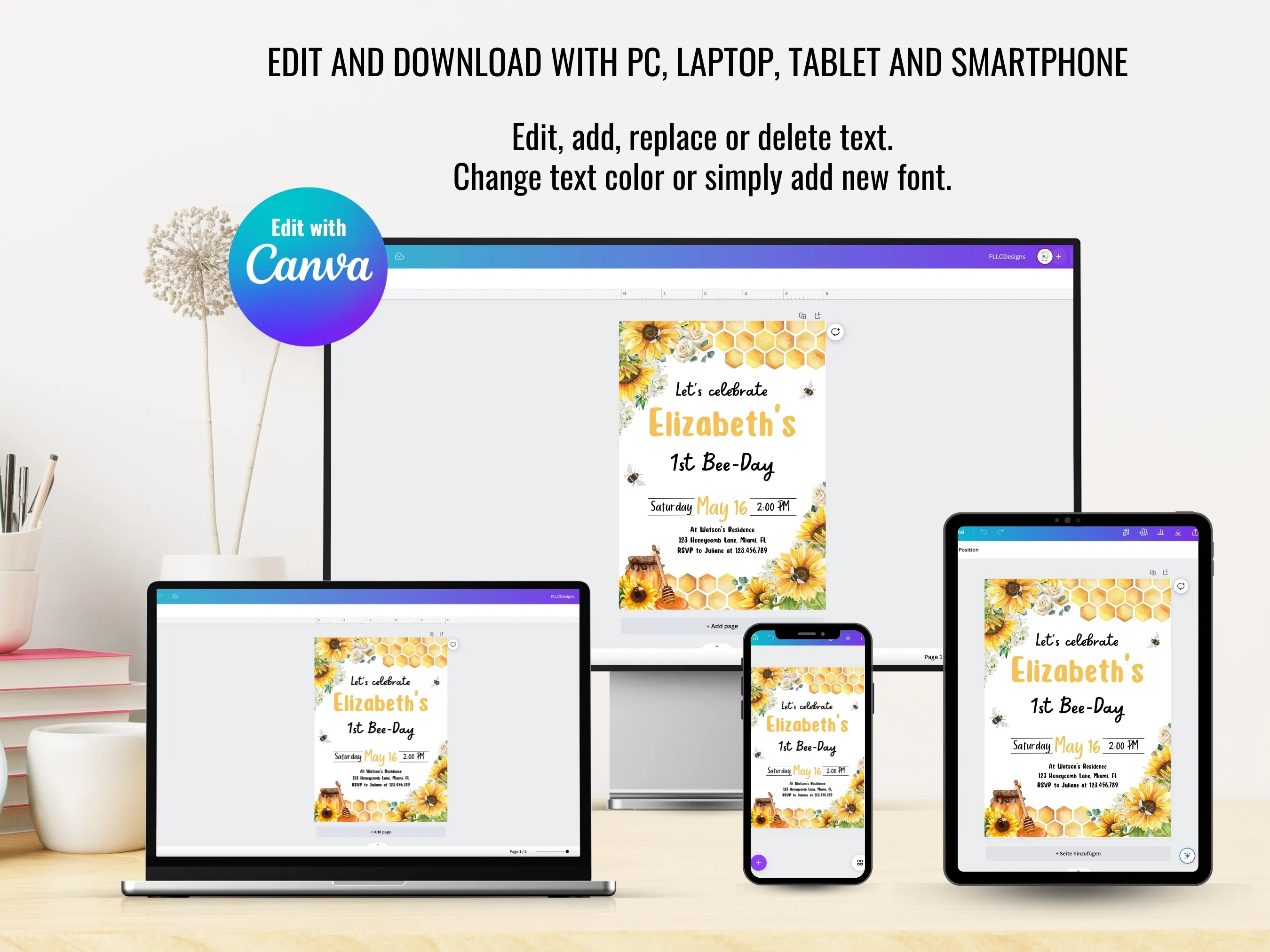 First Bee Day Sunflower Birthday Bundle | Sweet As Can Bee | Editable Canva Template | Digital Download