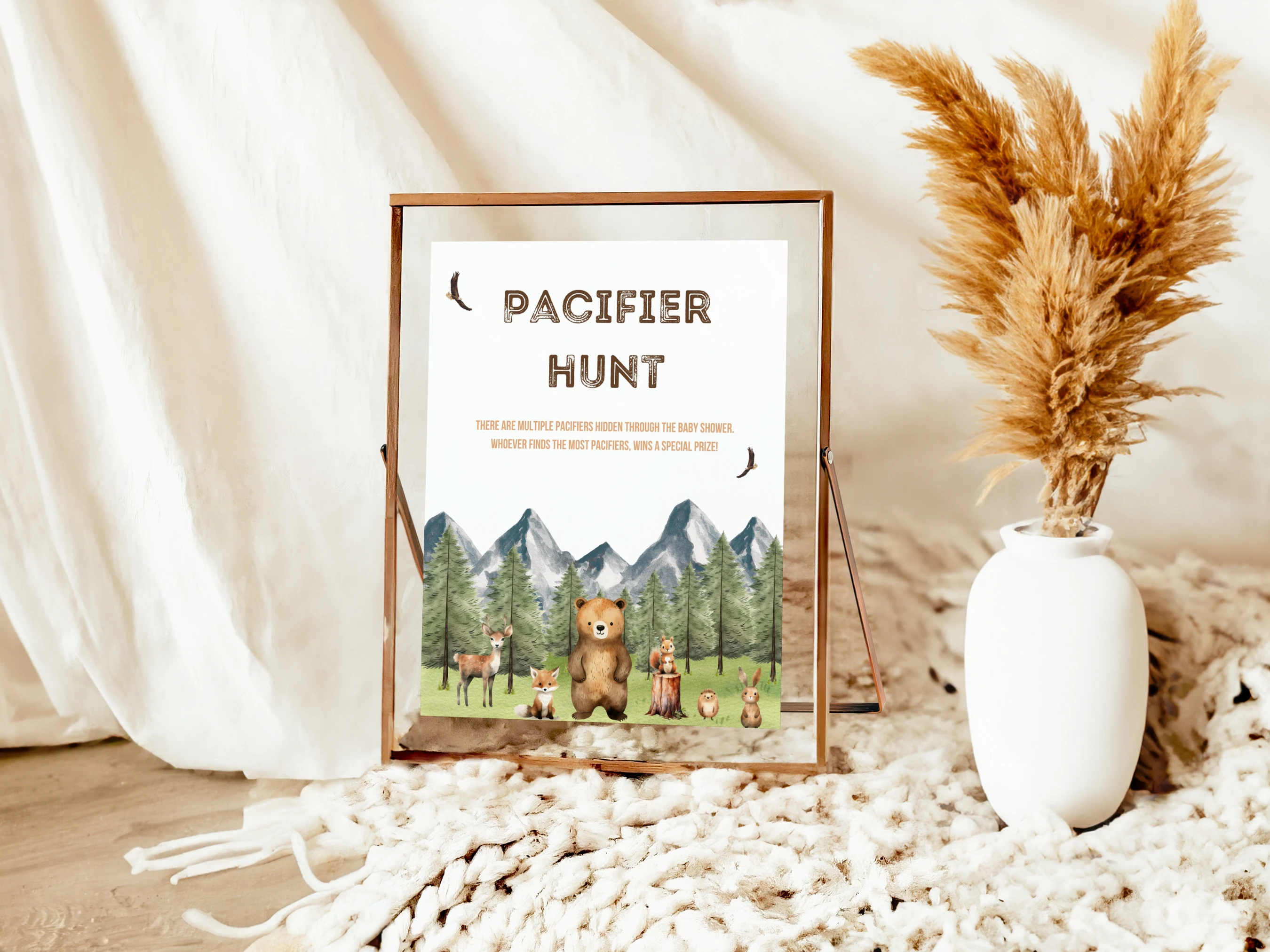 Woodland Baby Shower Table Signs | Forest Animals Late Night Diapers | Pacifier Hunt Sign | Editable Canva Template | Digital Download
