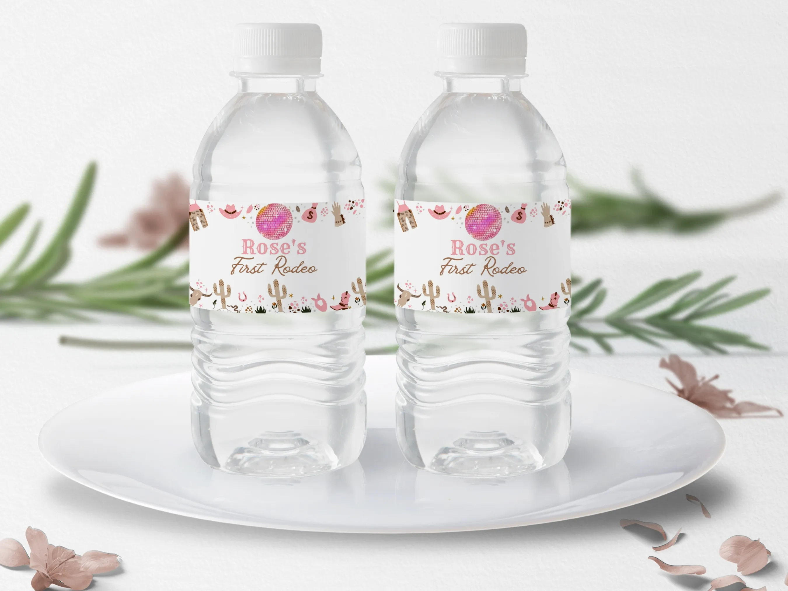 Space Cowgirl My First Rodeo water bottle labels with pink disco cowgirl design, western birthday bottle stickers and wraps by fllcdesigns