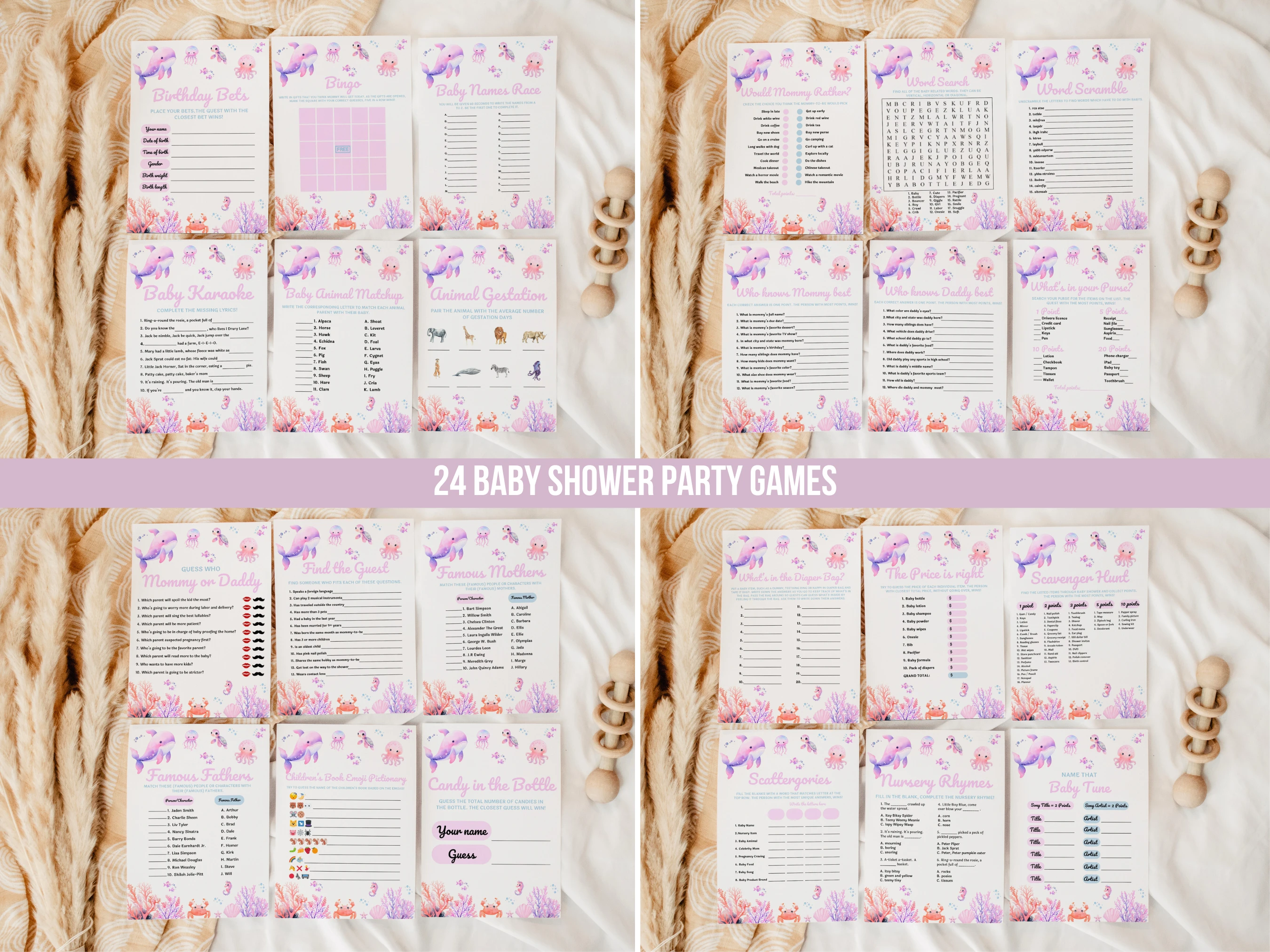 Under The Sea Baby Shower Games Bundle | Pink Girl Baby Shower Bingo Printable Games | Ocean Baby Shower Party Games | Editable Canva Template | Digital Download