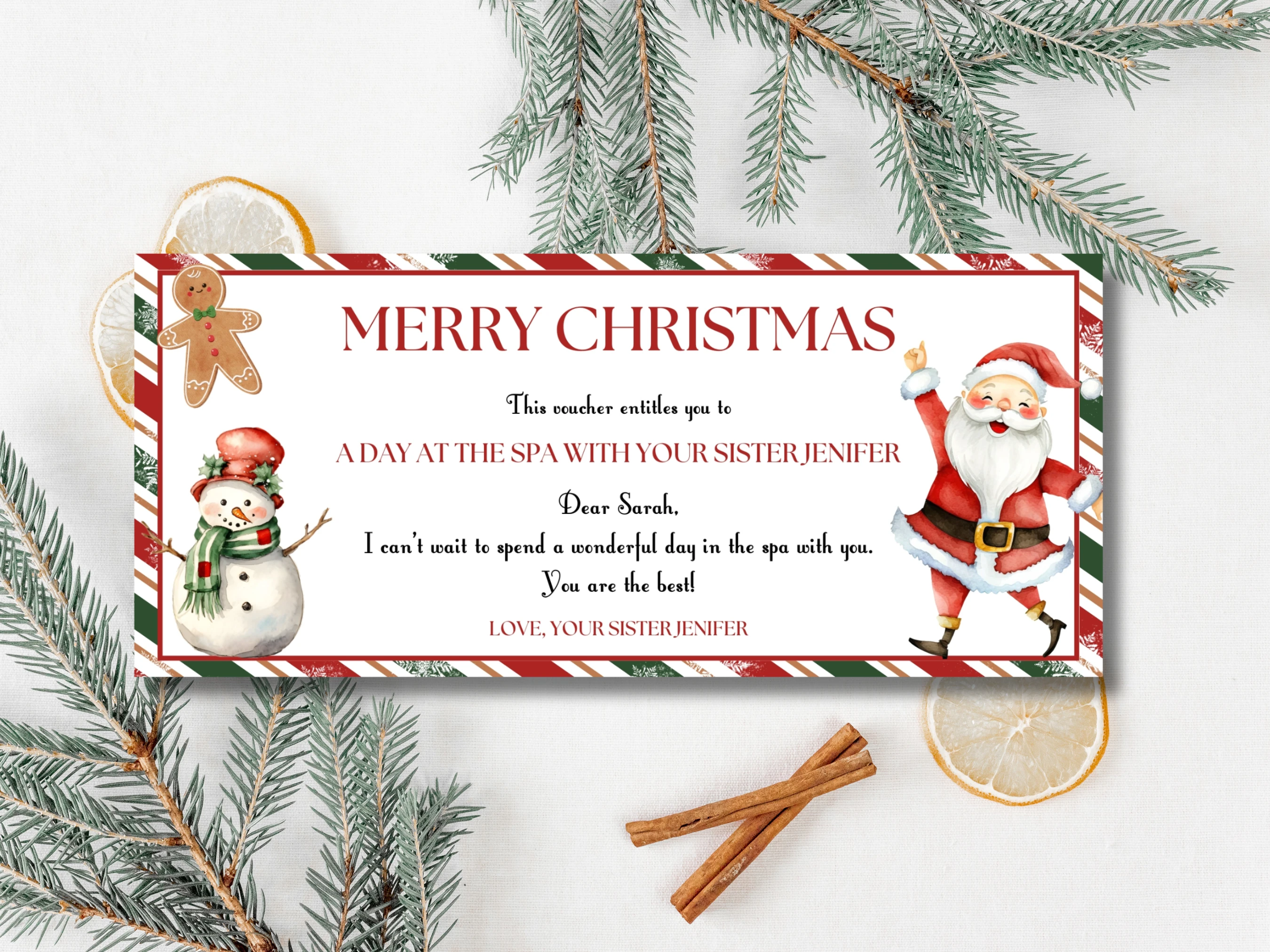 Christmas gift voucher template with Santa, snowman, gingerbread character and festive red and green border, editable 8 × 3.5 inch Canva gift certificate for a personalized holiday gift
