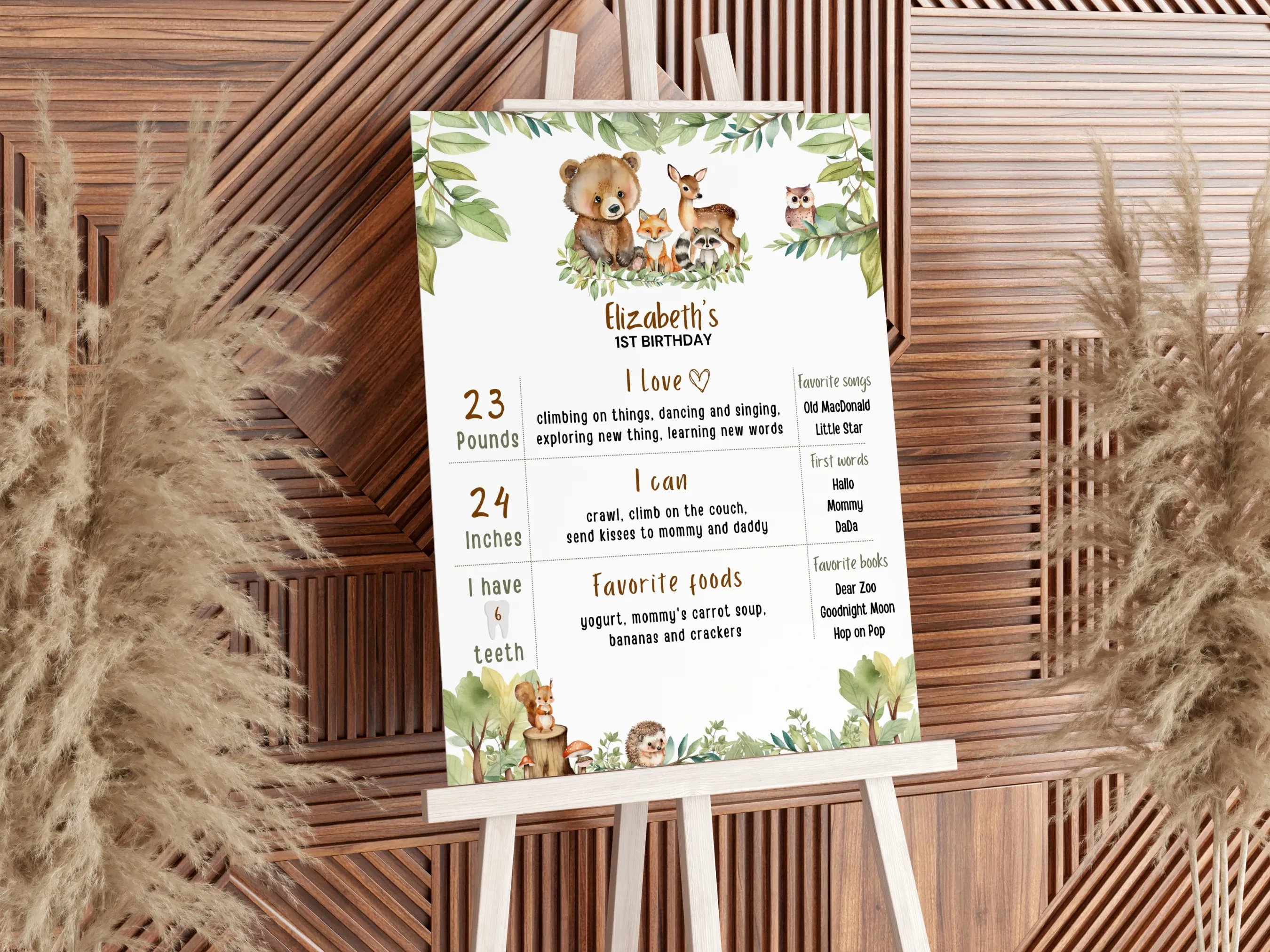 Forest Animals Milestone Board | Woodland Milestone Poster | Wild One Baby Milestone Sign | 1st Birthday Party | Editable Canva Template | Digital Download