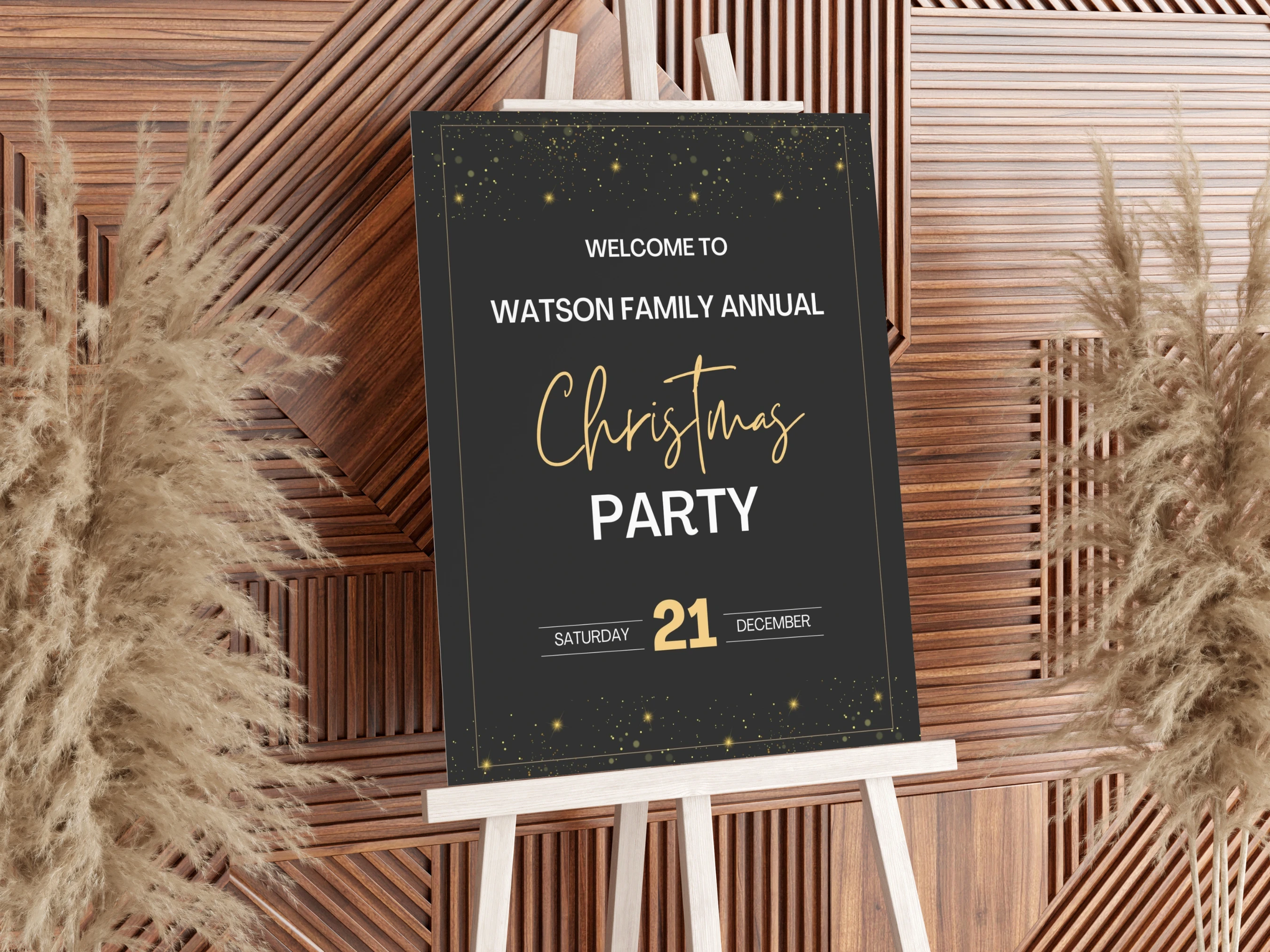 Elegant Black and Gold Christmas Party Welcome Sign displayed on an easel with modern gold typography, festive sparkling accents and editable Canva design for a stylish holiday celebration.