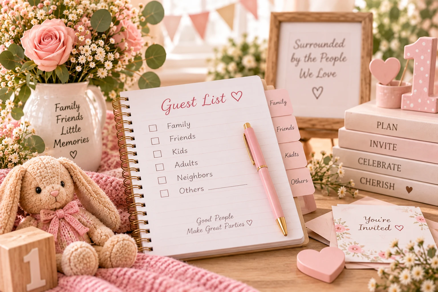 First birthday guest list planner with family, friends, children and adults checklist