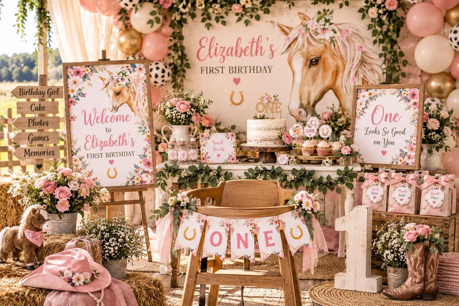 Styled floral horse first birthday party with welcome signs, ONE high-chair banner, cake table, balloons, flowers and coordinated decorations