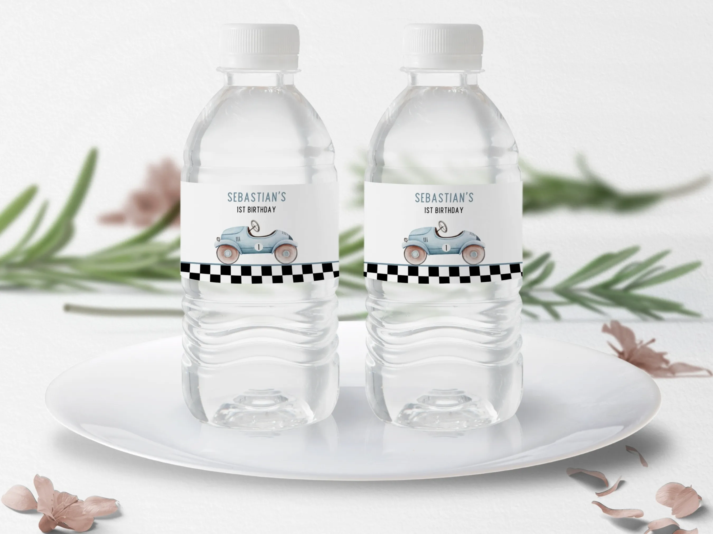 Fast One birthday water bottle labels with vintage blue race car design, editable racing bottle wraps and bottle stickers by fllcdesigns