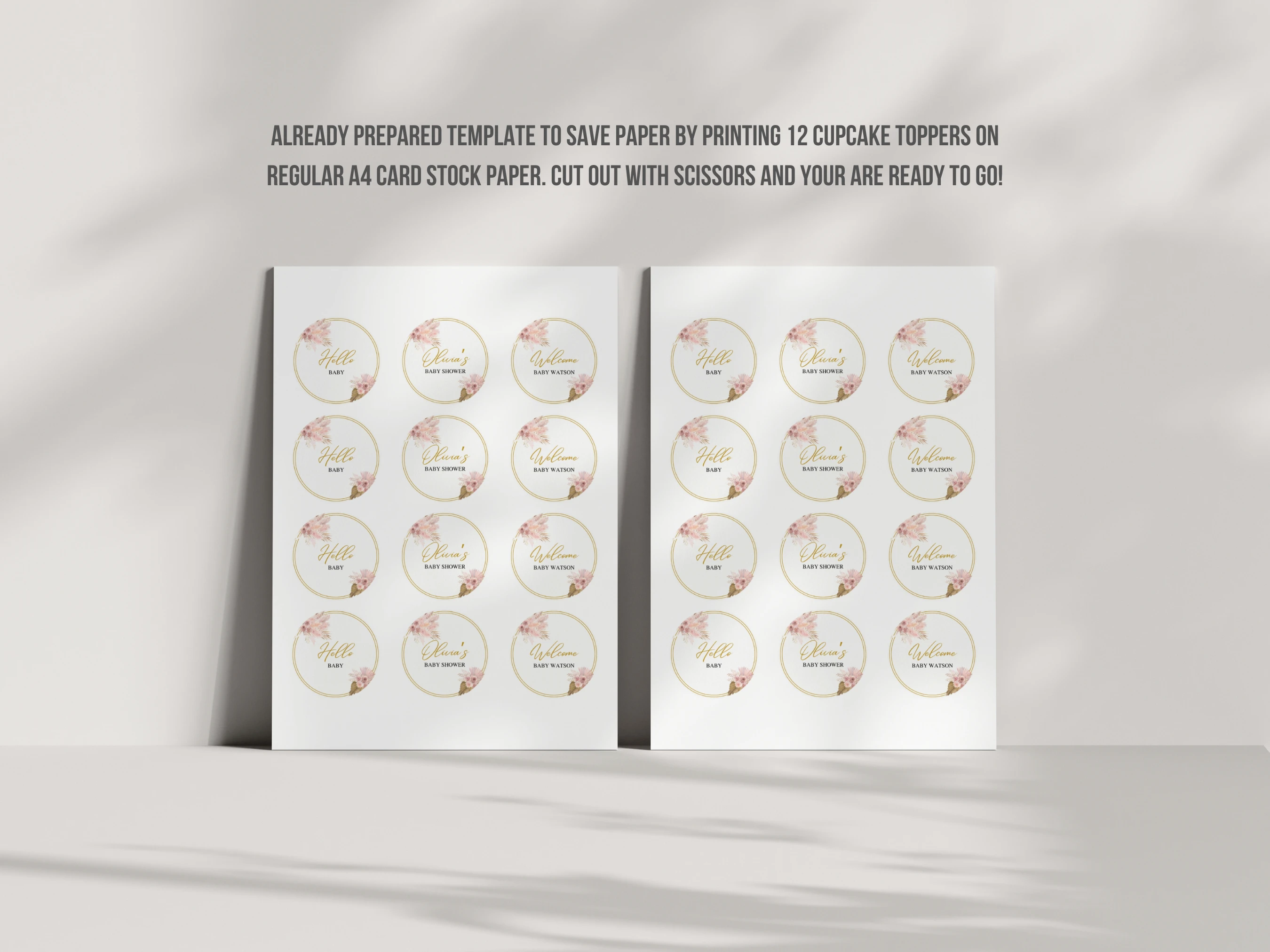 Boho Baby Shower Cupcake Toppers | Pampas Grass Rose Gold Cake Topper | Editable Canva Template | Digital Download