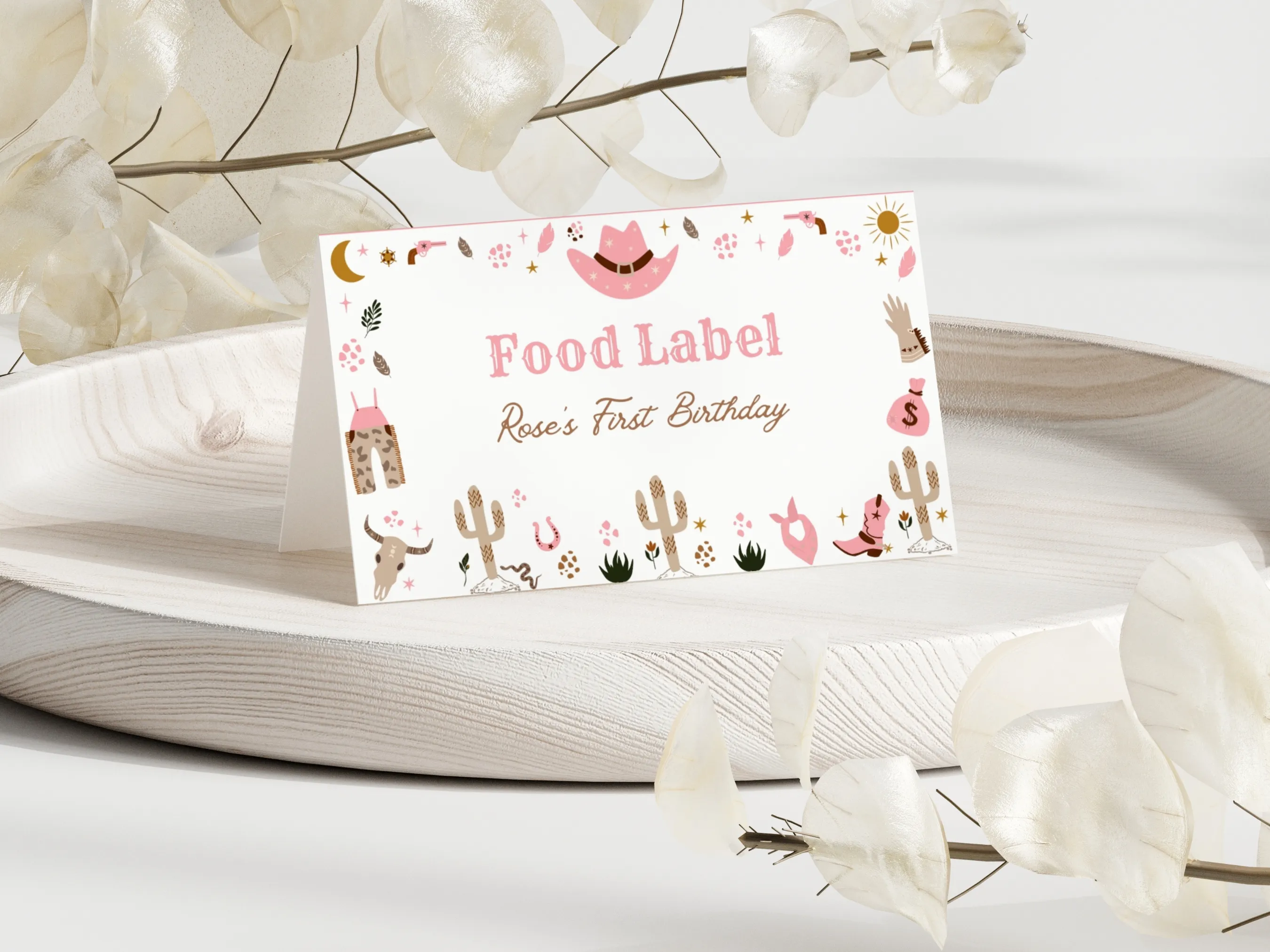 Cowgirl First Rodeo food tent cards with pink western design, editable seating place cards and table labels by fllcdesigns
