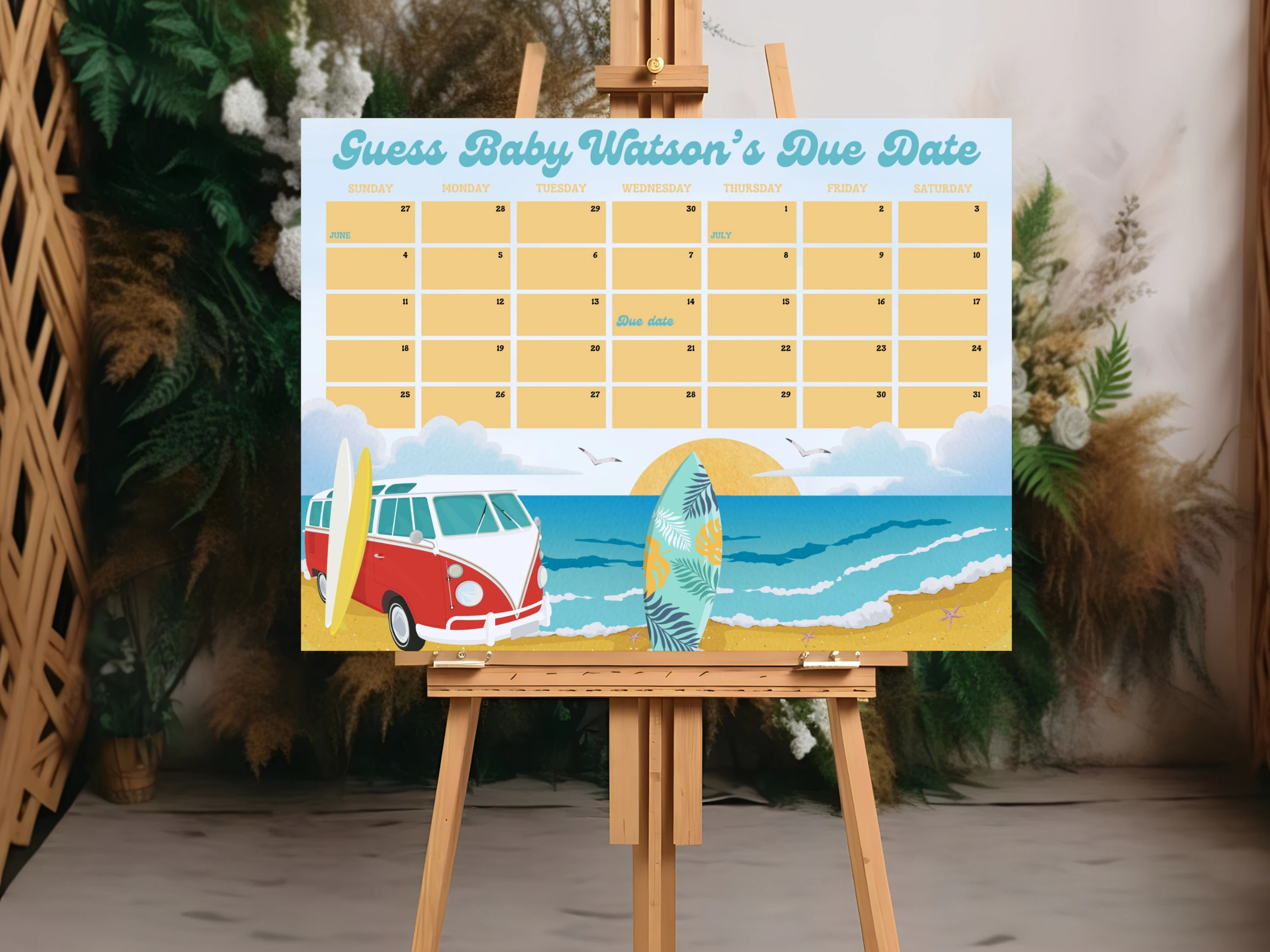Baby On Board Baby Due Date Calendar | Ocean Surf Animals Prediction Game | Tropical Guess The Birthday | Editable Canva Template | Digital Download