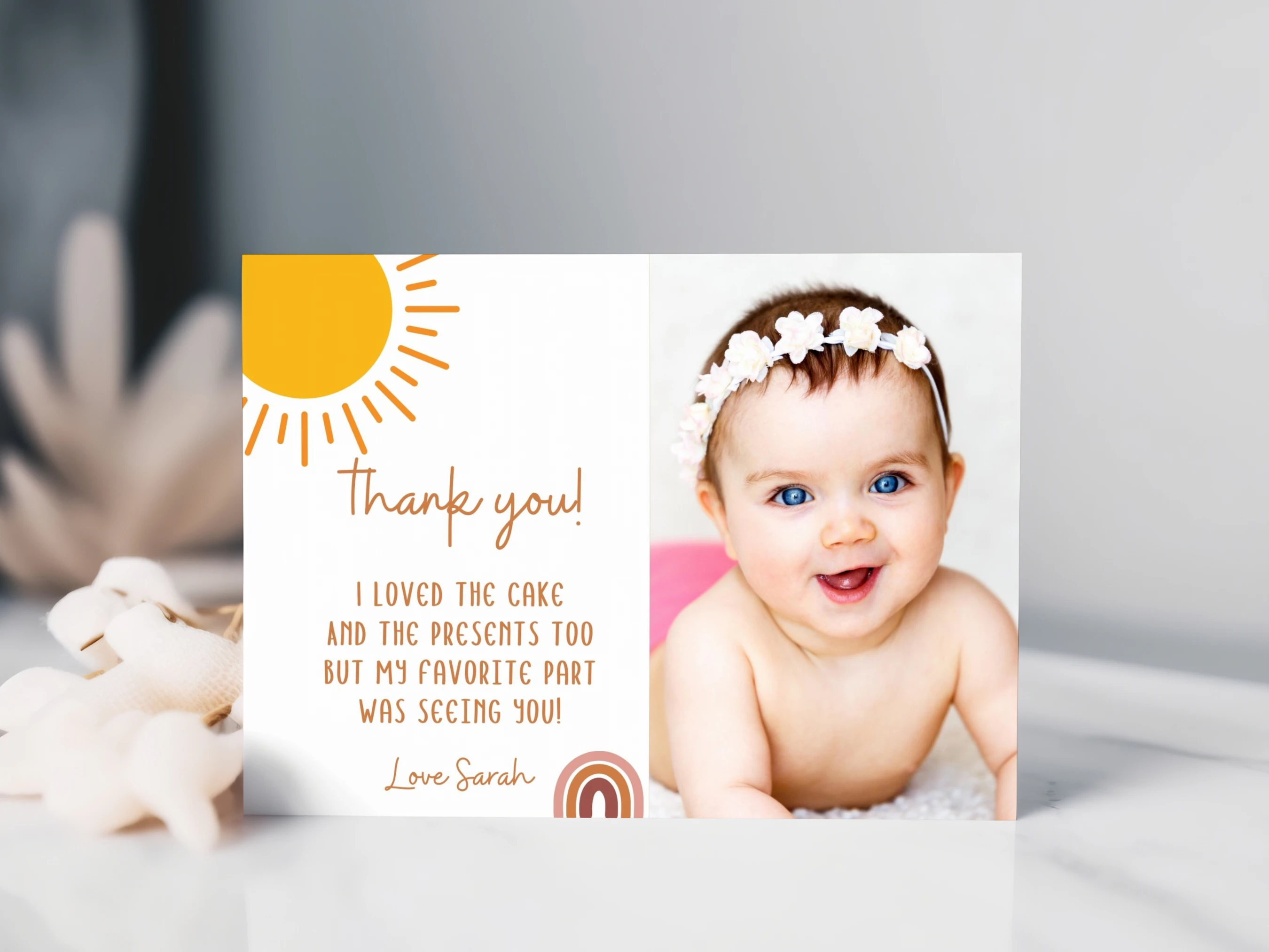 sunshine birthday thank you card, trip around the sun thank you note, birthday thank you card with photo, boho rainbow thank you note, printable kids thank you card