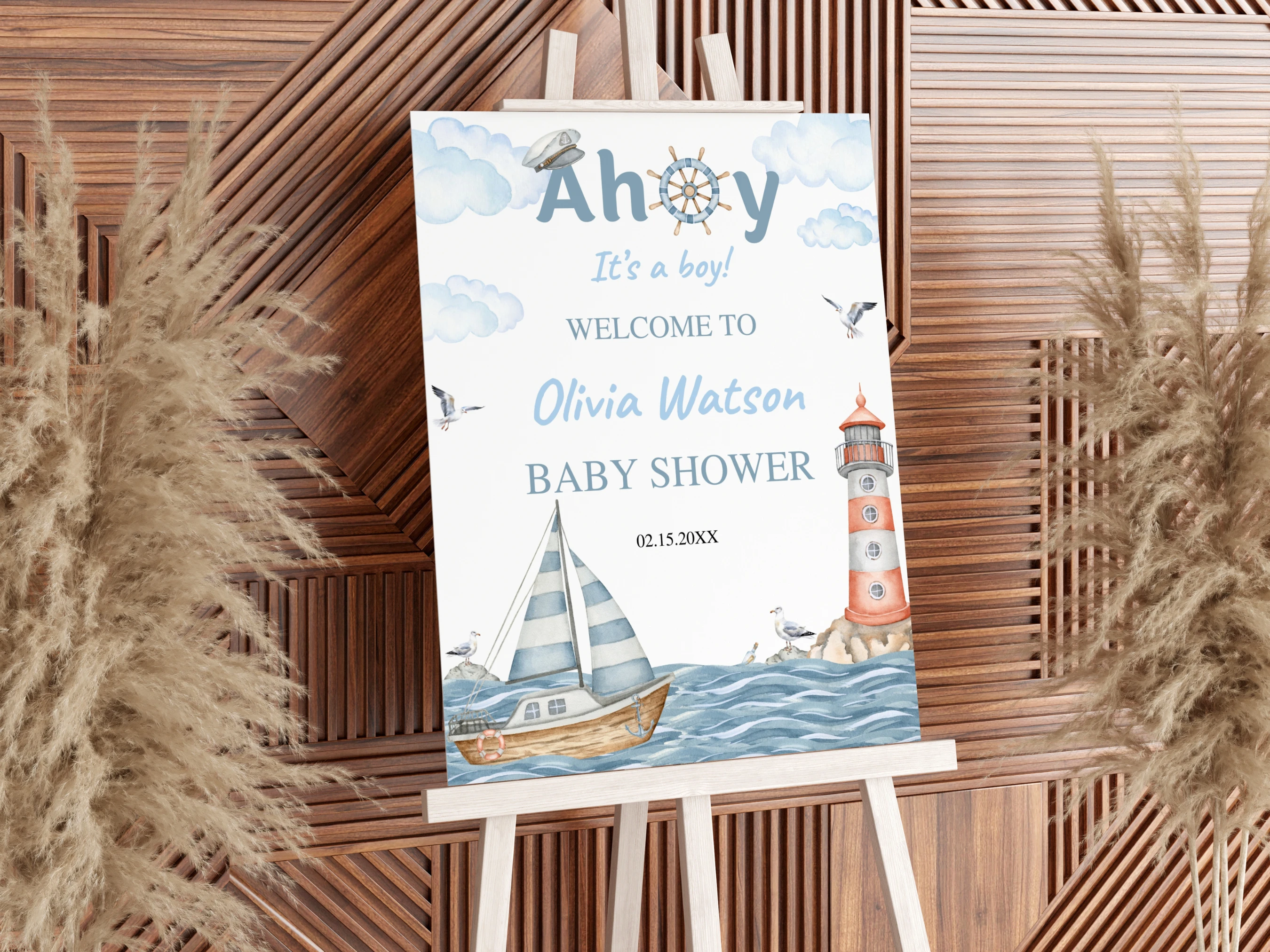 Nautical Baby Shower Welcome Sign | Ahoy It's a Boy Ocean Sailboat Lighthouse Welcome Board For Baby Boy | Editable Canva Template | Digital Download