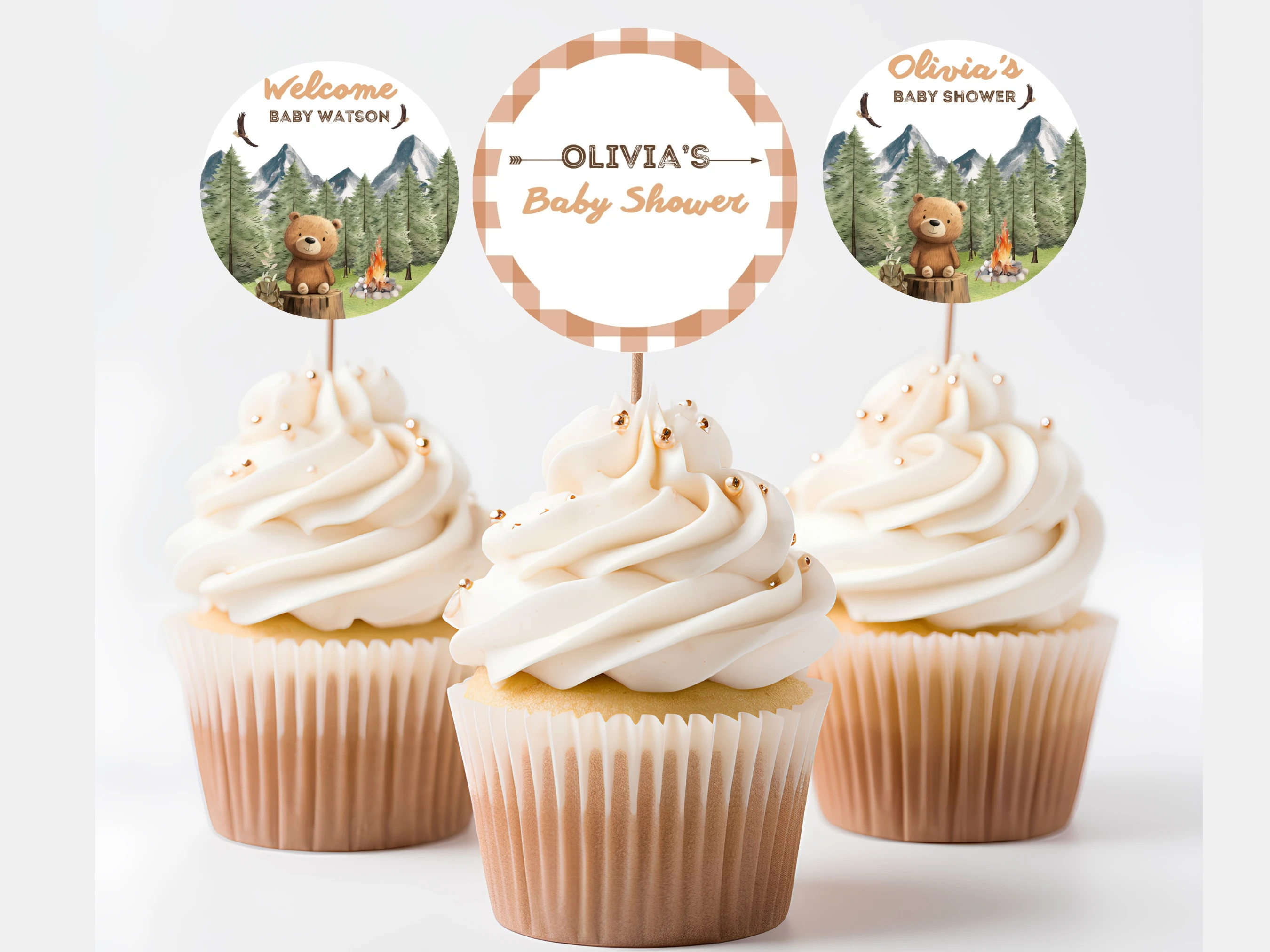 little camper baby shower cupcake toppers woodland camping theme, adventure awaits woodland baby shower cake topper editable canva, forest mountains baby shower cake topper template, woodland camping baby shower dessert table toppers