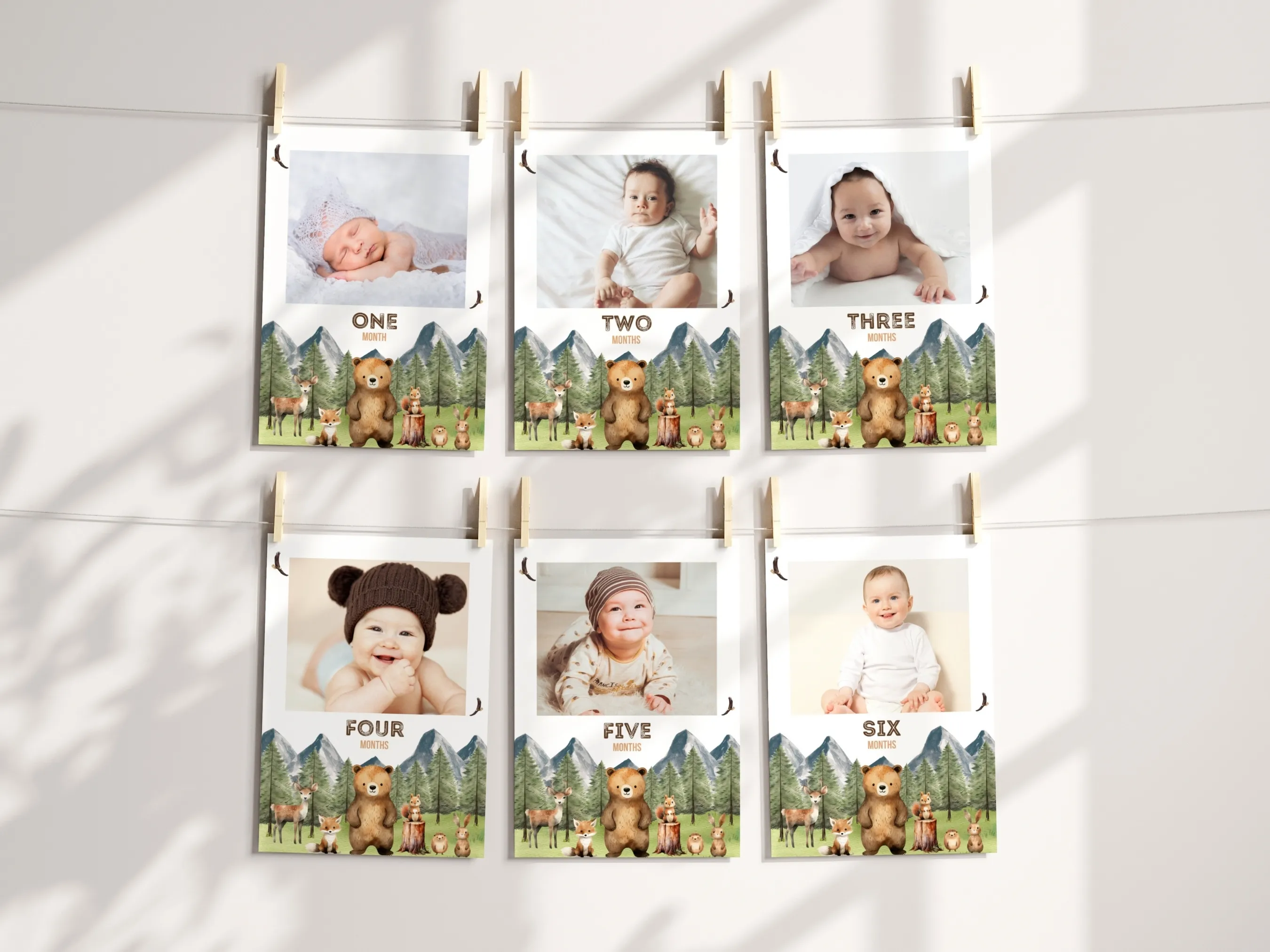 Woodland birthday milestone cards photo banner with Wild One theme, editable Canva template for personalized forest-themed birthday decorations, digital download.