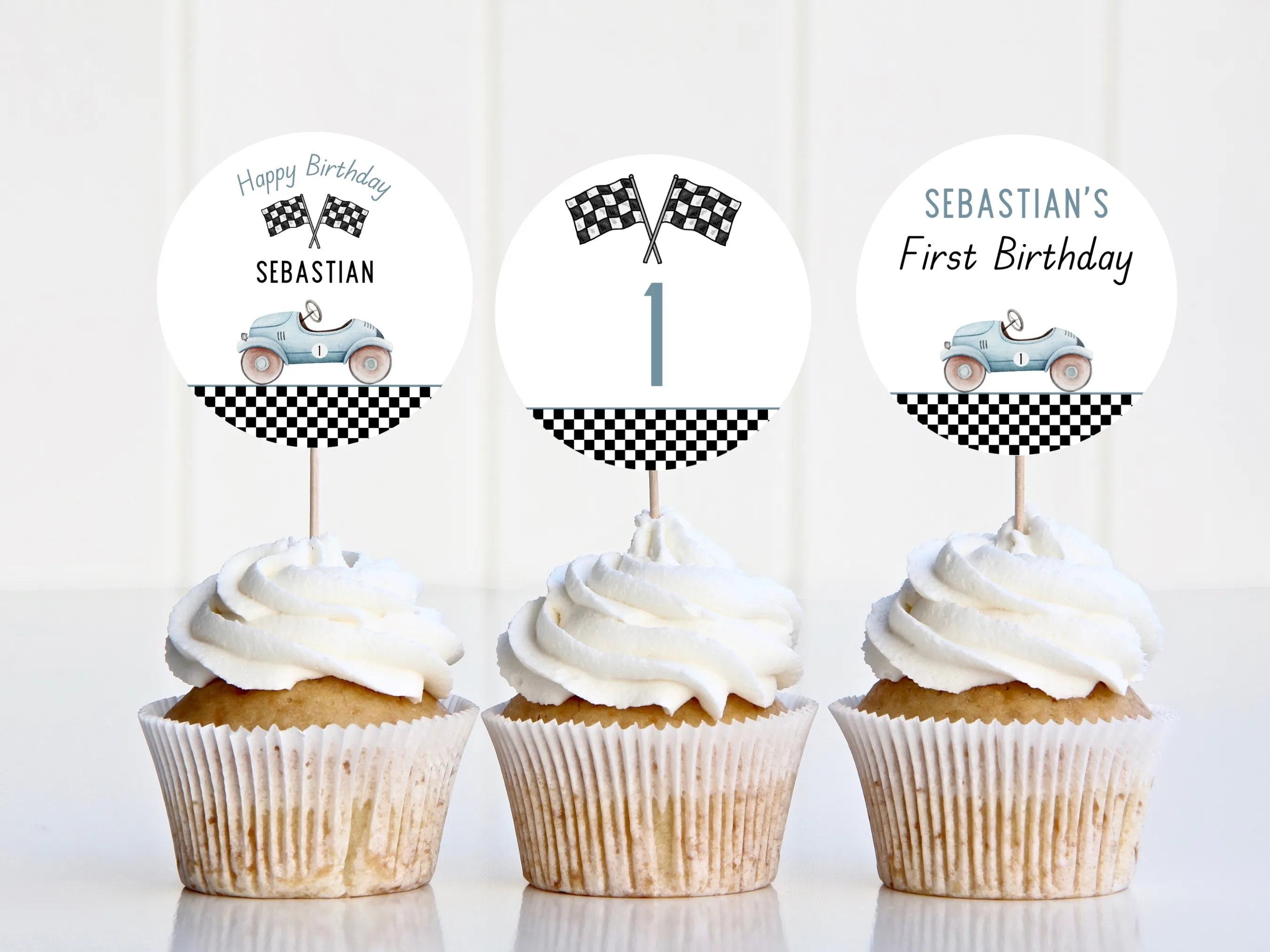 Fast One blue race car cupcake toppers with matching racing birthday cake topper and Happy Birthday toppers, editable Canva template by fllcdesigns