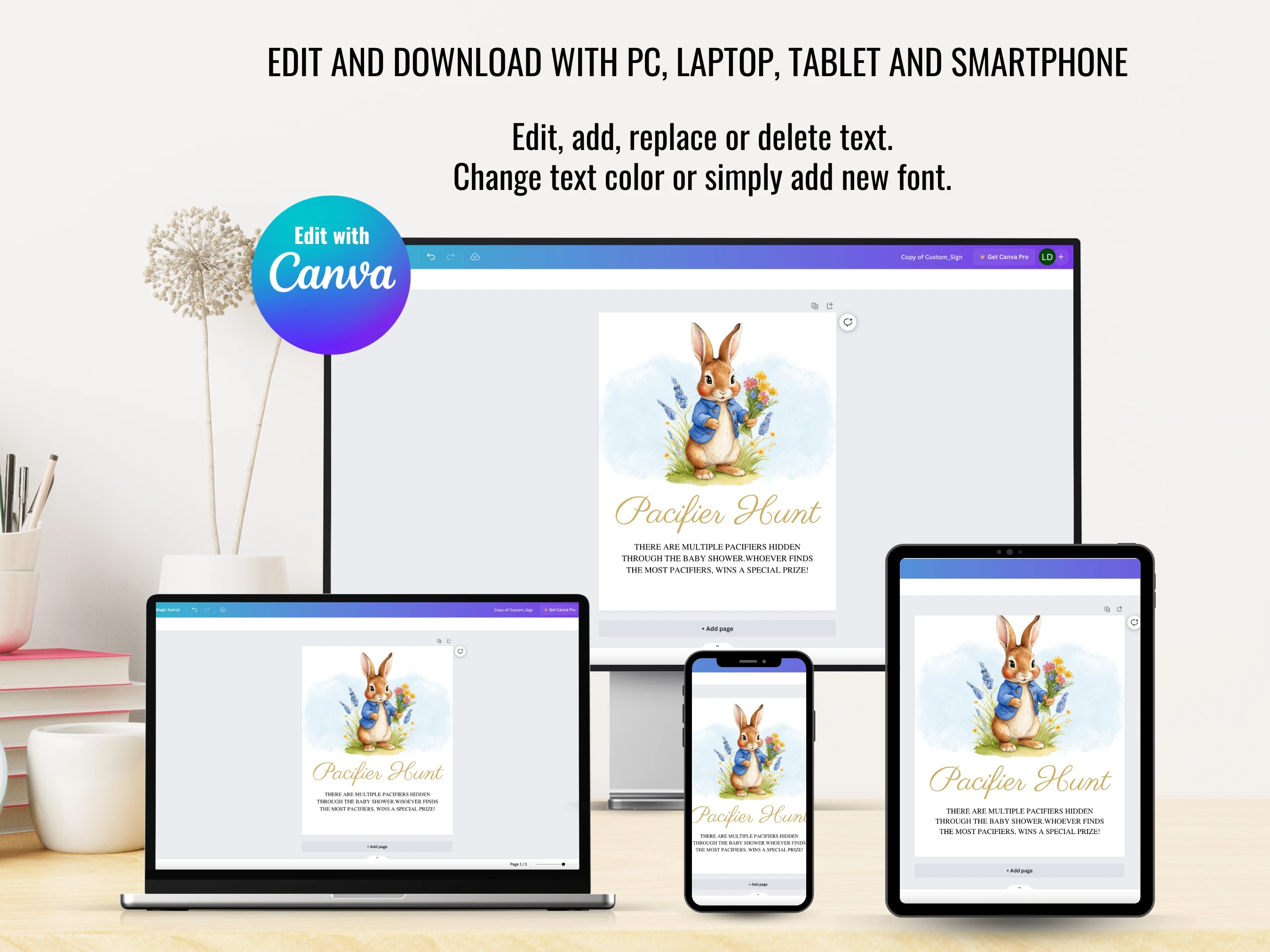 Peter Rabbit Baby Shower Table Signs | Flopsy Bunny Late Night Diapers Sign | Pacifier Hunt Sign | Editable Canva Template | Digital Download