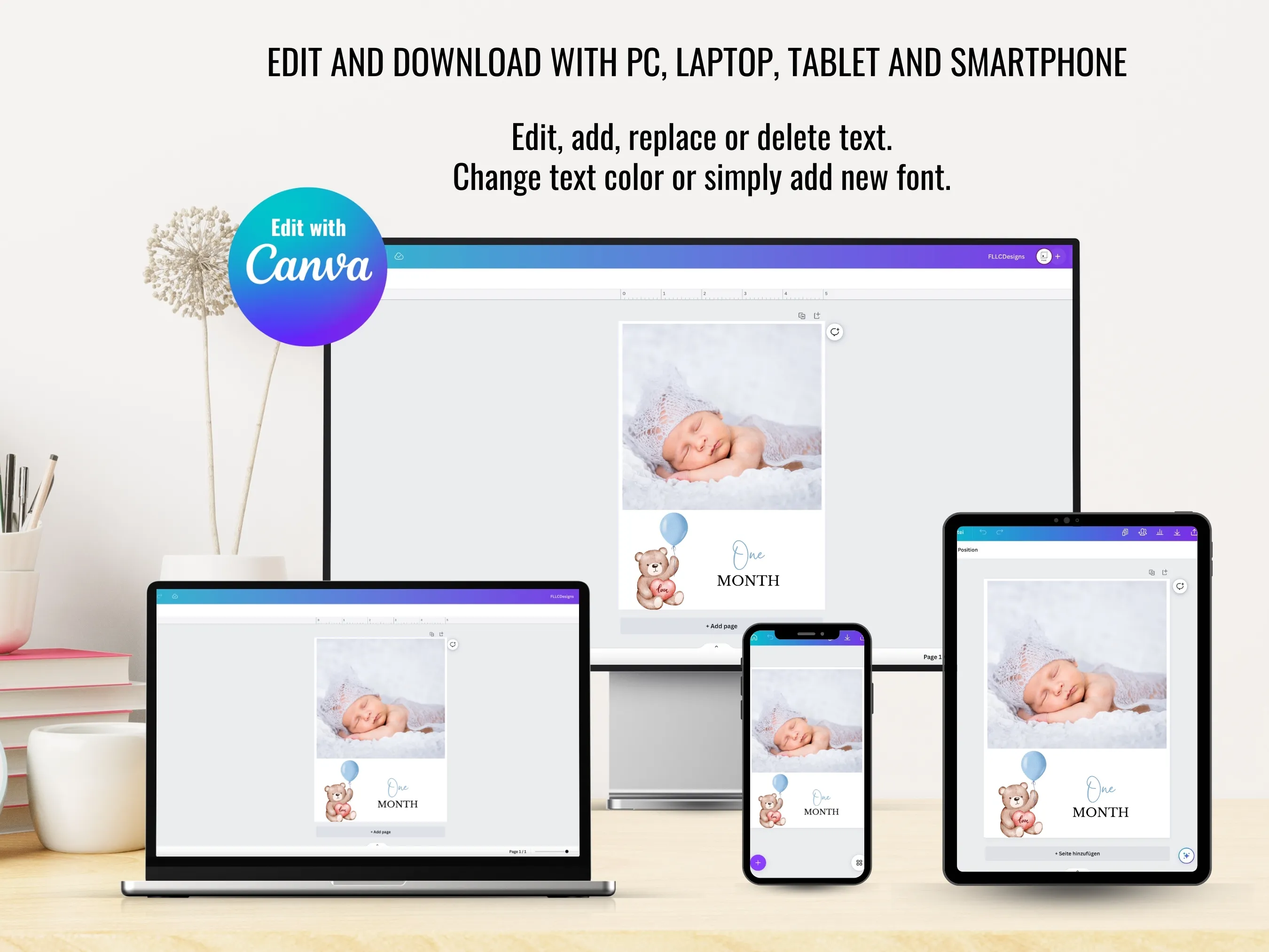 Teddy Bear First Birthday Milestone Cards | 1st Birthday Photo Banner | Editable Canva Template | Digital Download