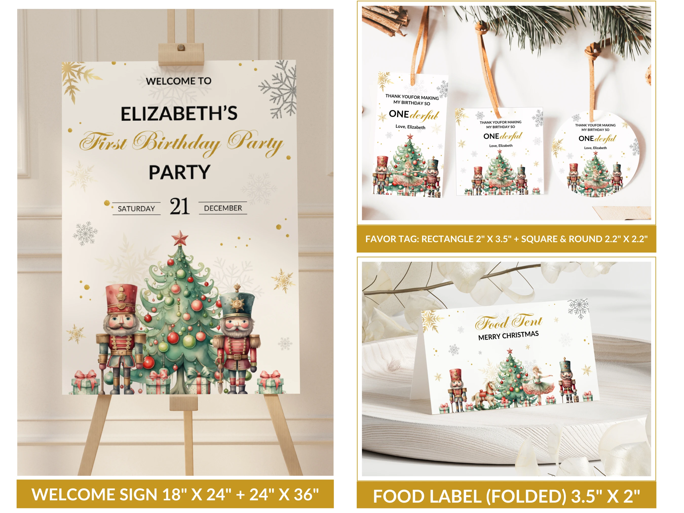 Nutcracker Winter Wonderland Birthday Bundle | First Birthday Party Decor | Editable Canva Template | Digital Download