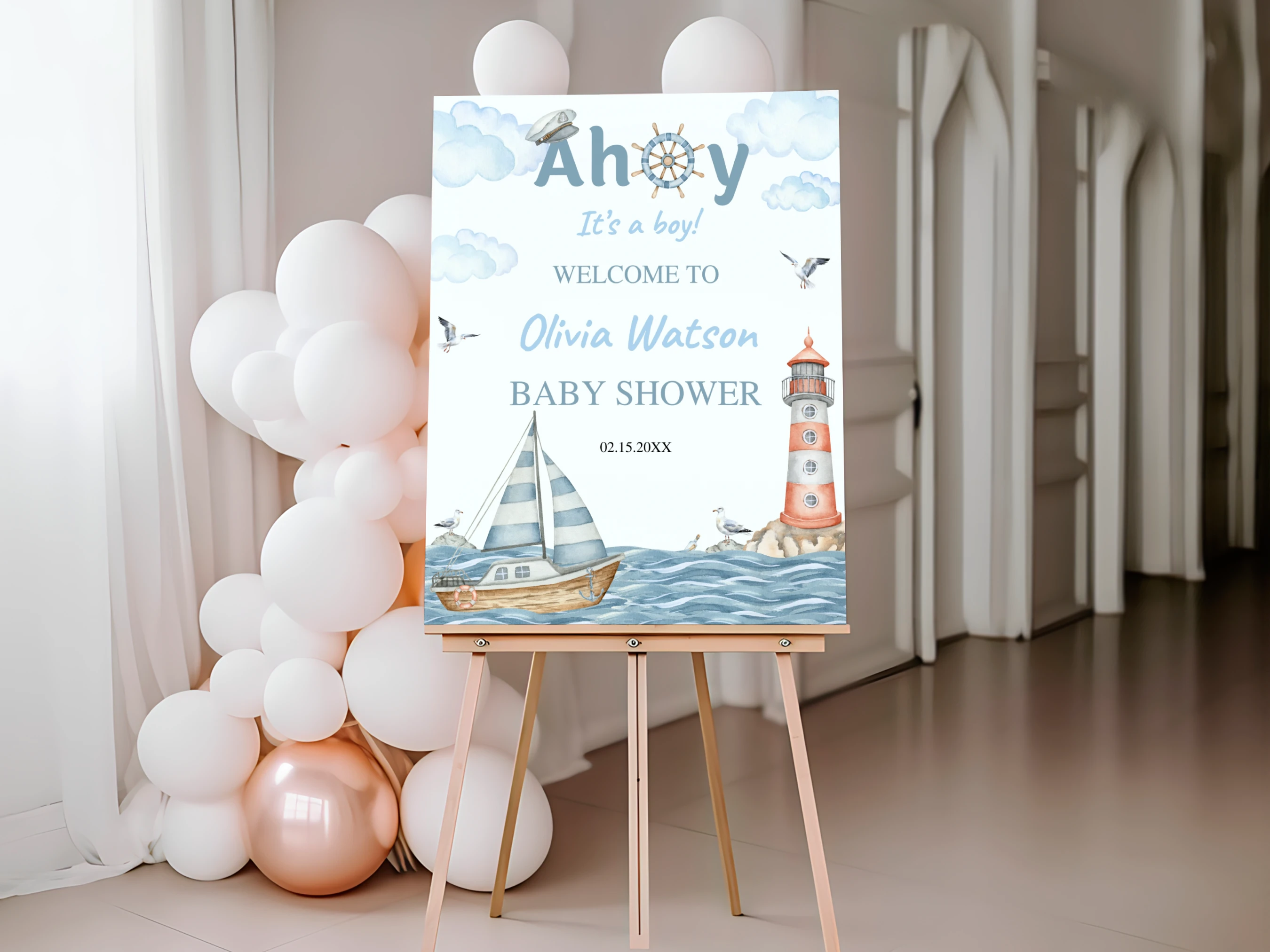 nautical baby shower welcome sign ahoy its a boy ocean sailboat lighthouse board canva template digital download, ocean baby shower welcome board sailboat lighthouse decorations canva template