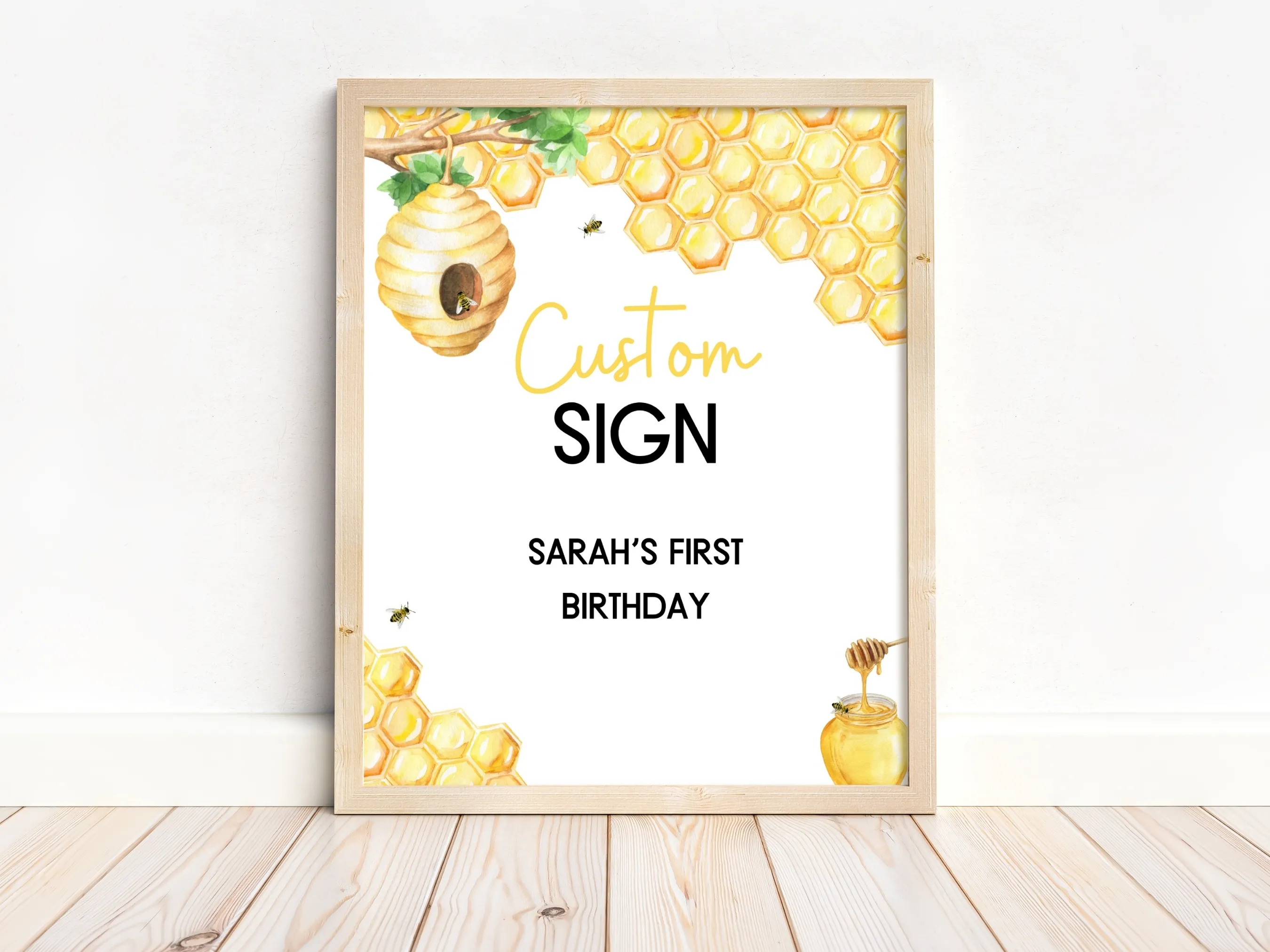 First Bee Day custom birthday sign with bumble bee and honey bee theme, customizable cards and gifts or cookie table sign, editable Canva template by fllcdesigns