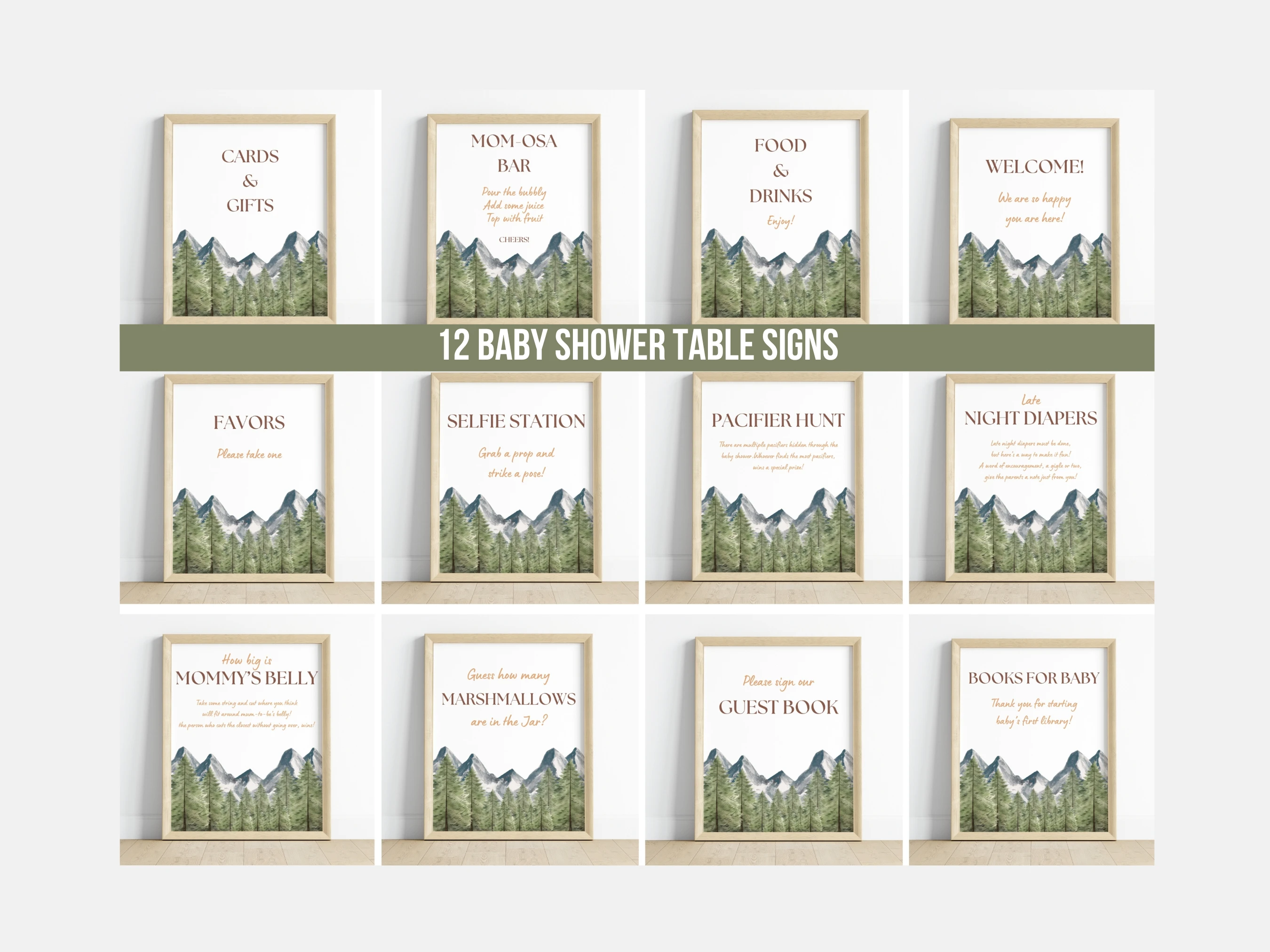 adventure awaits baby shower sign printable, late night diapers baby shower sign, woodland pacifier hunt sign printable, diaper raffle baby shower sign, editable baby shower sign Canva