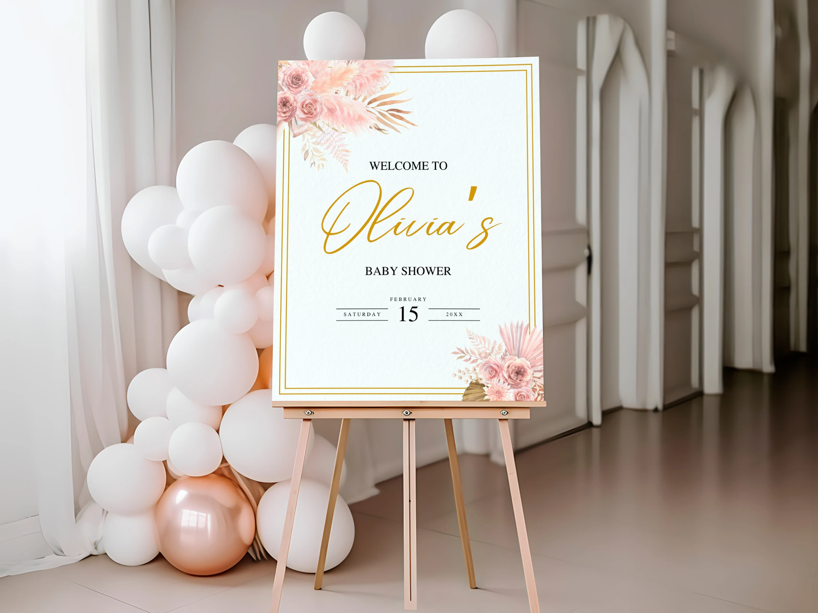 boho baby shower welcome sign pampas grass rose gold baby girl board canva template digital download, pampas grass baby shower welcome board rose gold decorations canva template