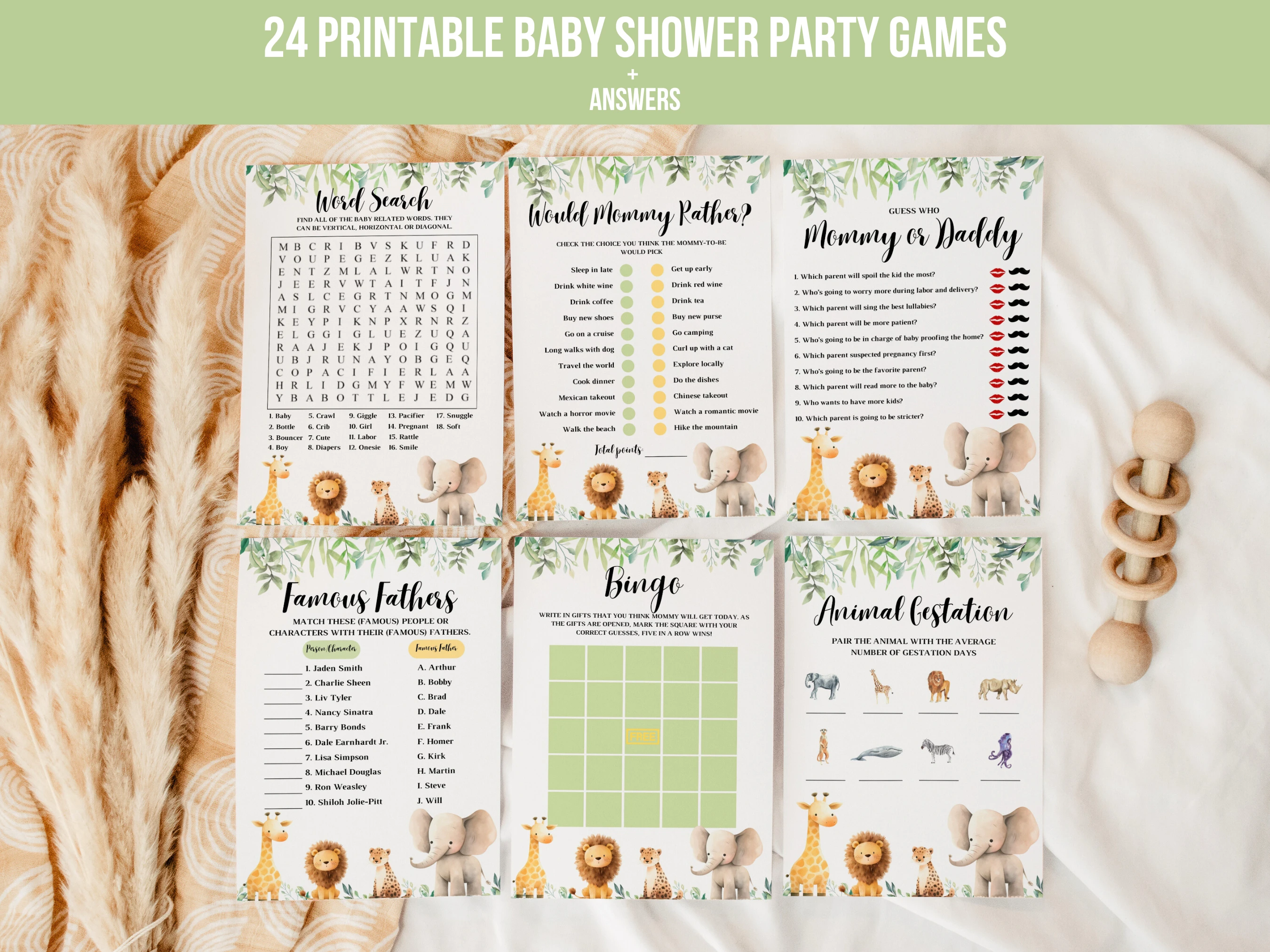 safari baby shower games bundle, baby shower bingo printable games, jungle baby shower games, 24 printable baby shower games bundle, editable baby shower games Canva