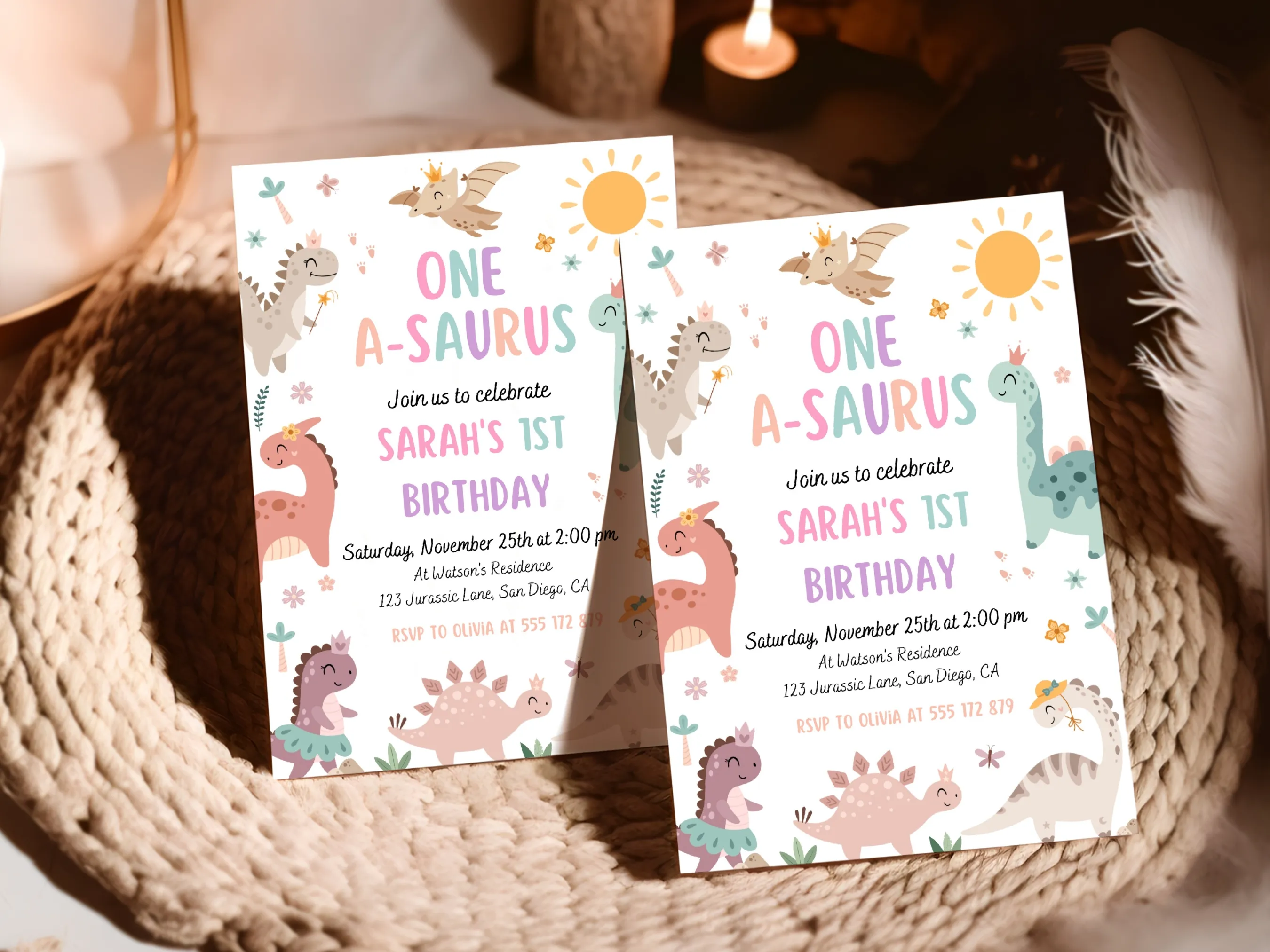 Girl Dinosaur 1st Birthday Invitation | T-Rex Dino Party for Girls | Editable Canva Template | Digital Download