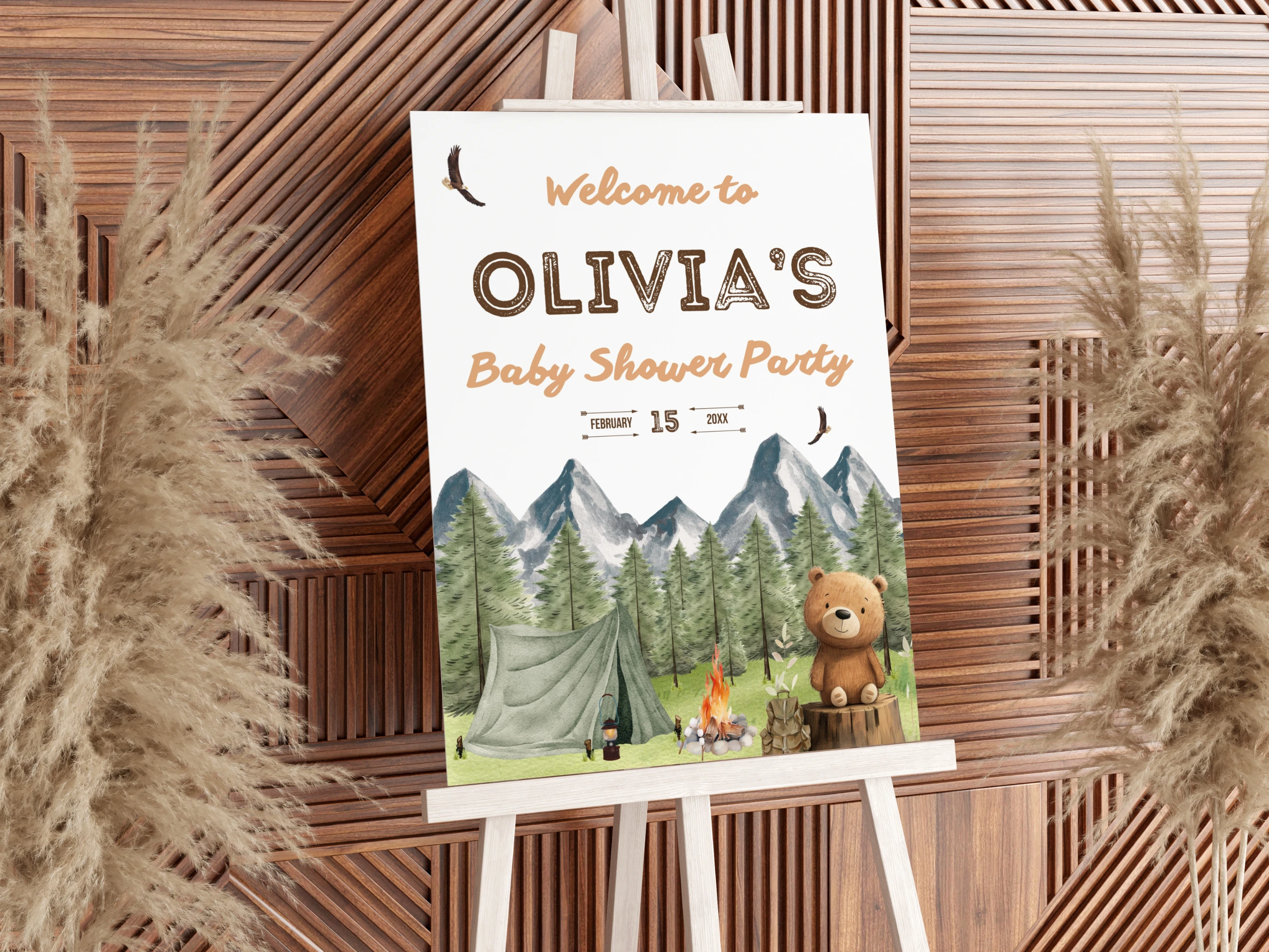 Little Camper Bear Baby Shower Welcome Sign | Woodland Mountain Welcome Board | Editable Canva Template | Digital Download