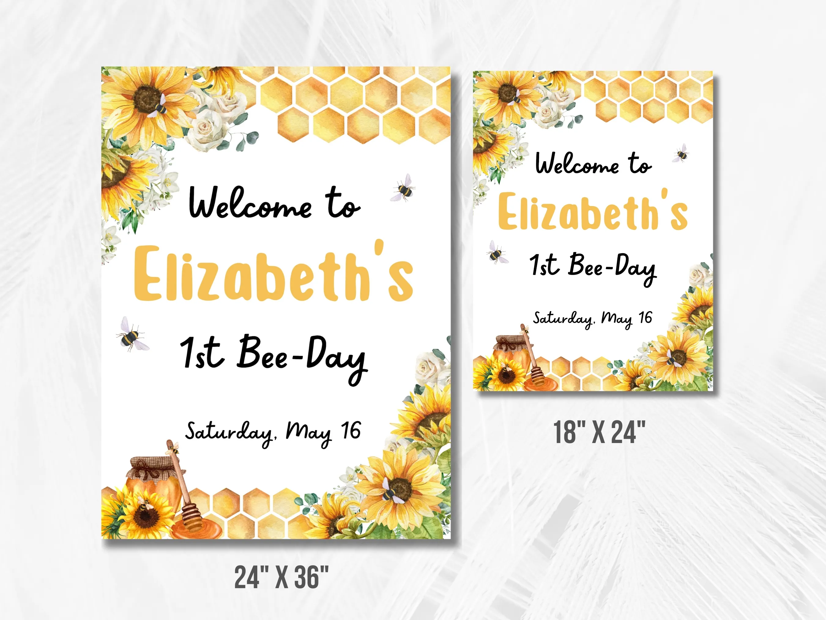 First Bee Day Birthday Welcome Sign | Sunflower Bumble Bee Party Welcome Board | 1st Birthday Entrance Poster | Editable Canva Template | Digital Download