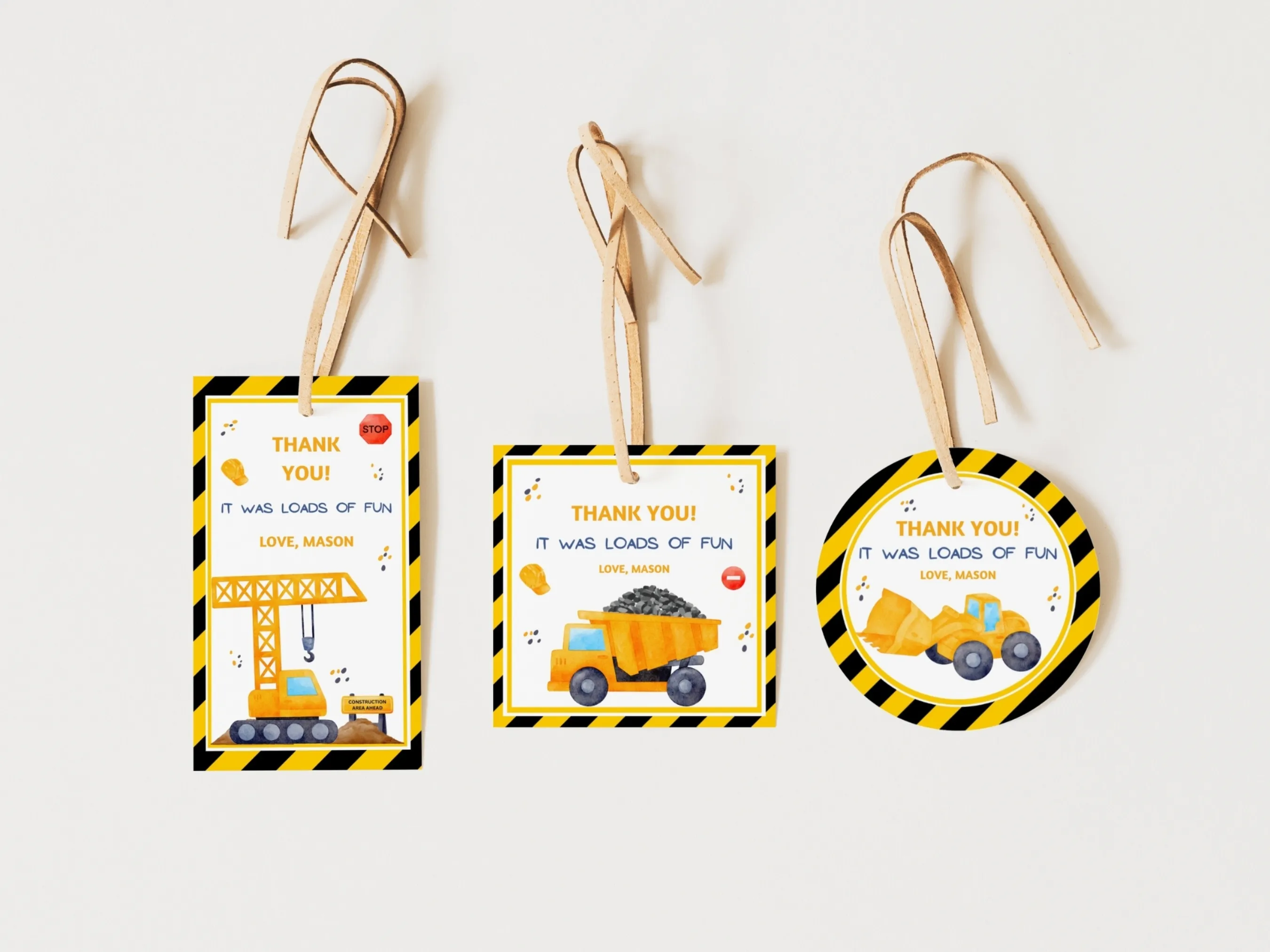 Construction birthday gift tags with yellow dump truck design, cute 1st birthday party favor labels, editable Canva template by fllcdesigns