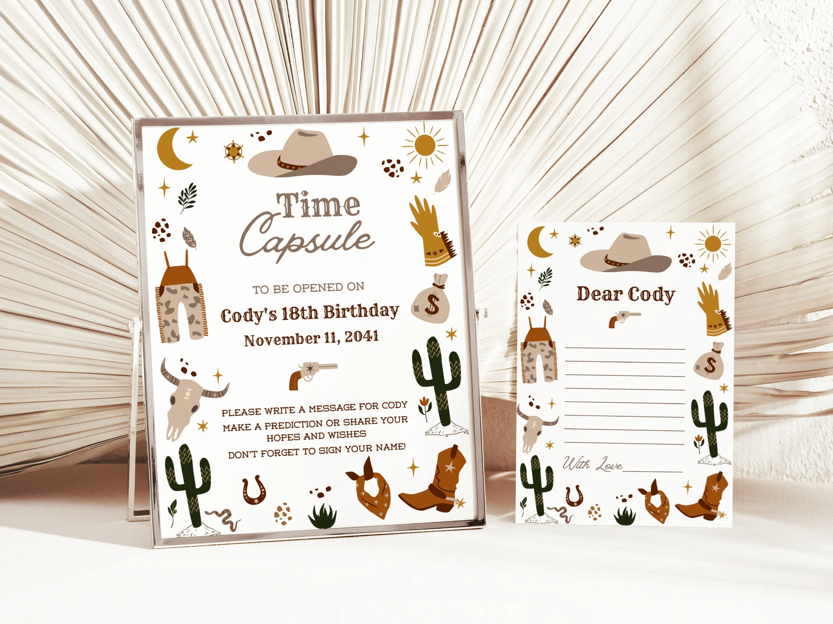 My First Rodeo birthday time capsule sign and wishes card with cowboy theme, editable Canva birthday guest book, digital download.