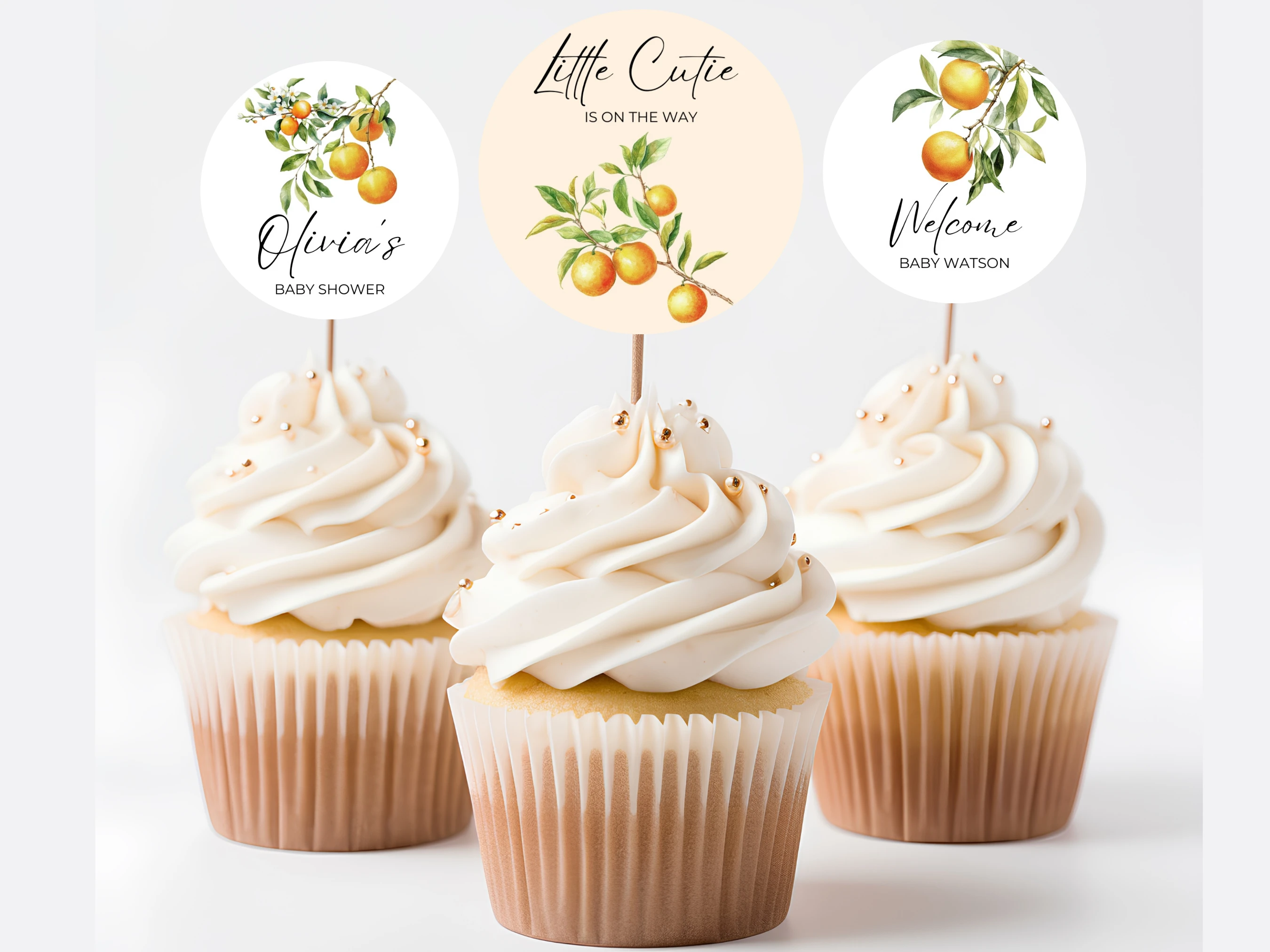 little cutie baby shower cupcake toppers orange citrus baby shower decor canva template digital download, orange clementine baby shower cupcake topper citrus baby shower decor canva template