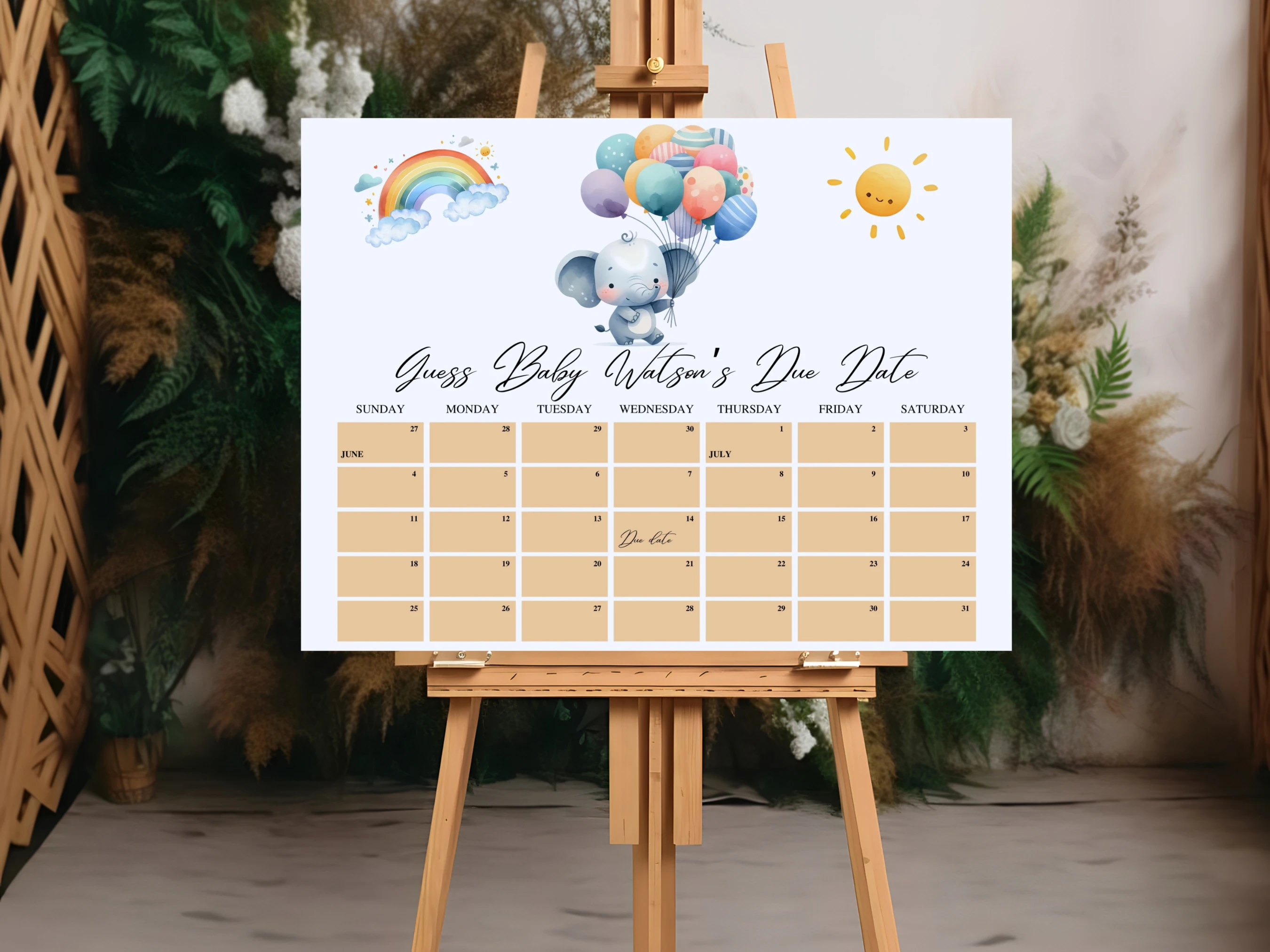 Elephant Baby Due Date Calendar | Little Peanut Prediction Game | Guess The Birthday | Editable Canva Template | Digital Download