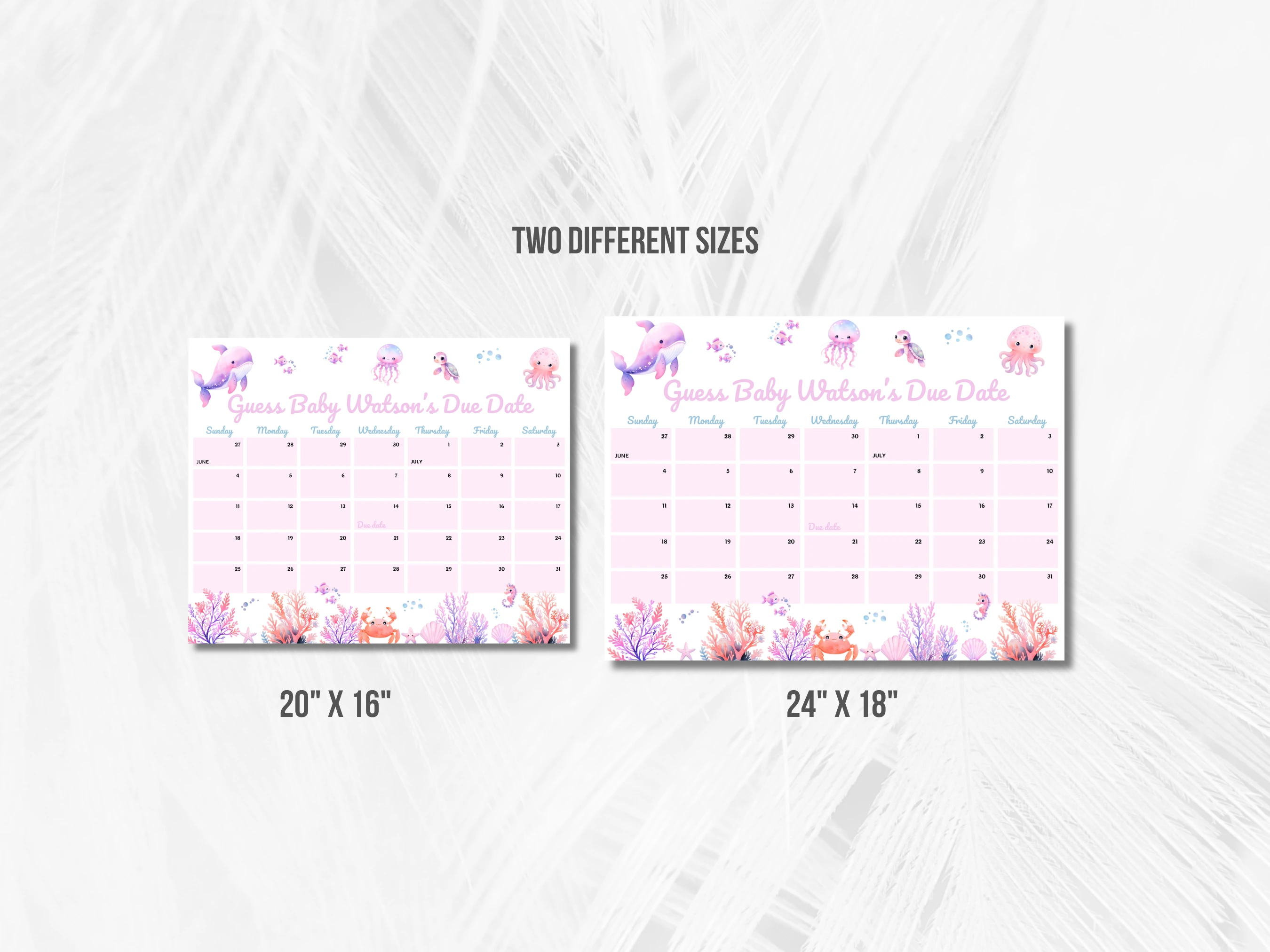 Under The Sea Baby Due Date Calendar | Ocean Animals Prediction Game | Pink Guess The Birthday For Baby Girl | Editable Canva Template | Digital Download