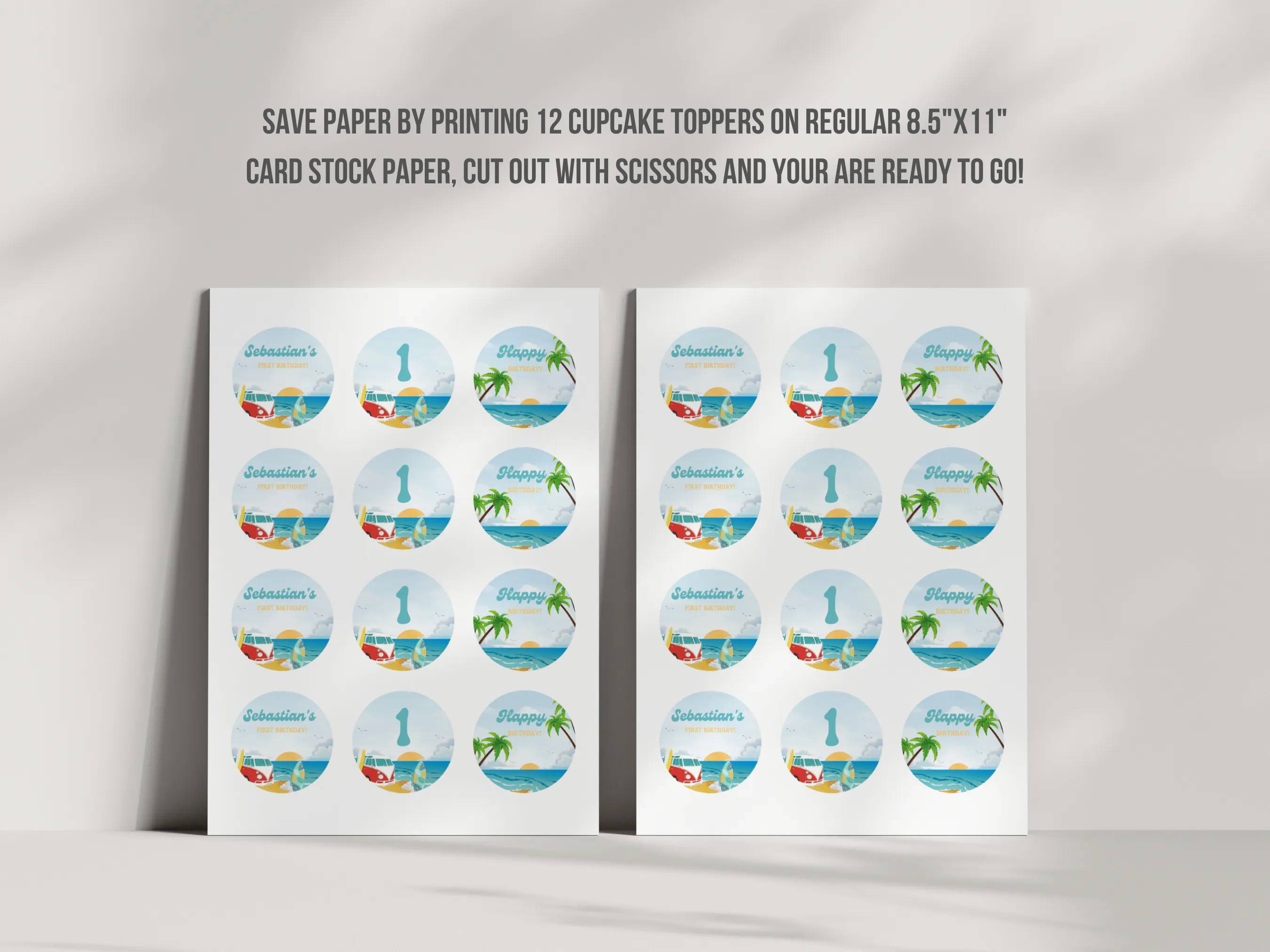 The Big One Happy Birthday Cupcake Toppers | Surf “One” Cake Topper | Beach Party Cupcake Toppers | 1st Birthday Surf Decorations | Editable Canva Template | Digital Download