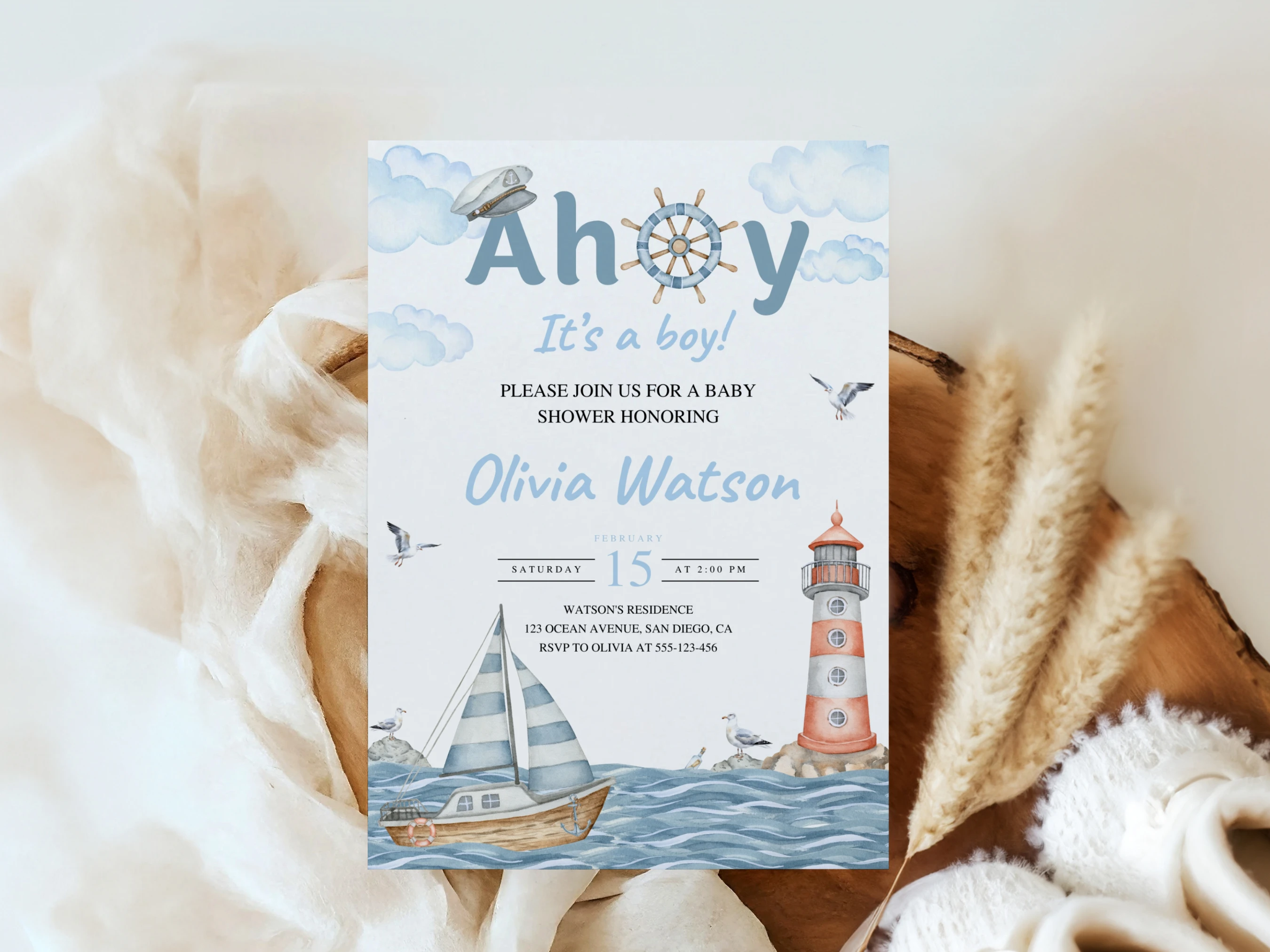 nautical baby shower invitation, ahoy it's a boy baby shower invite, ocean sailing baby shower invitation template, printable baby shower invite, editable baby shower invitation Canva
