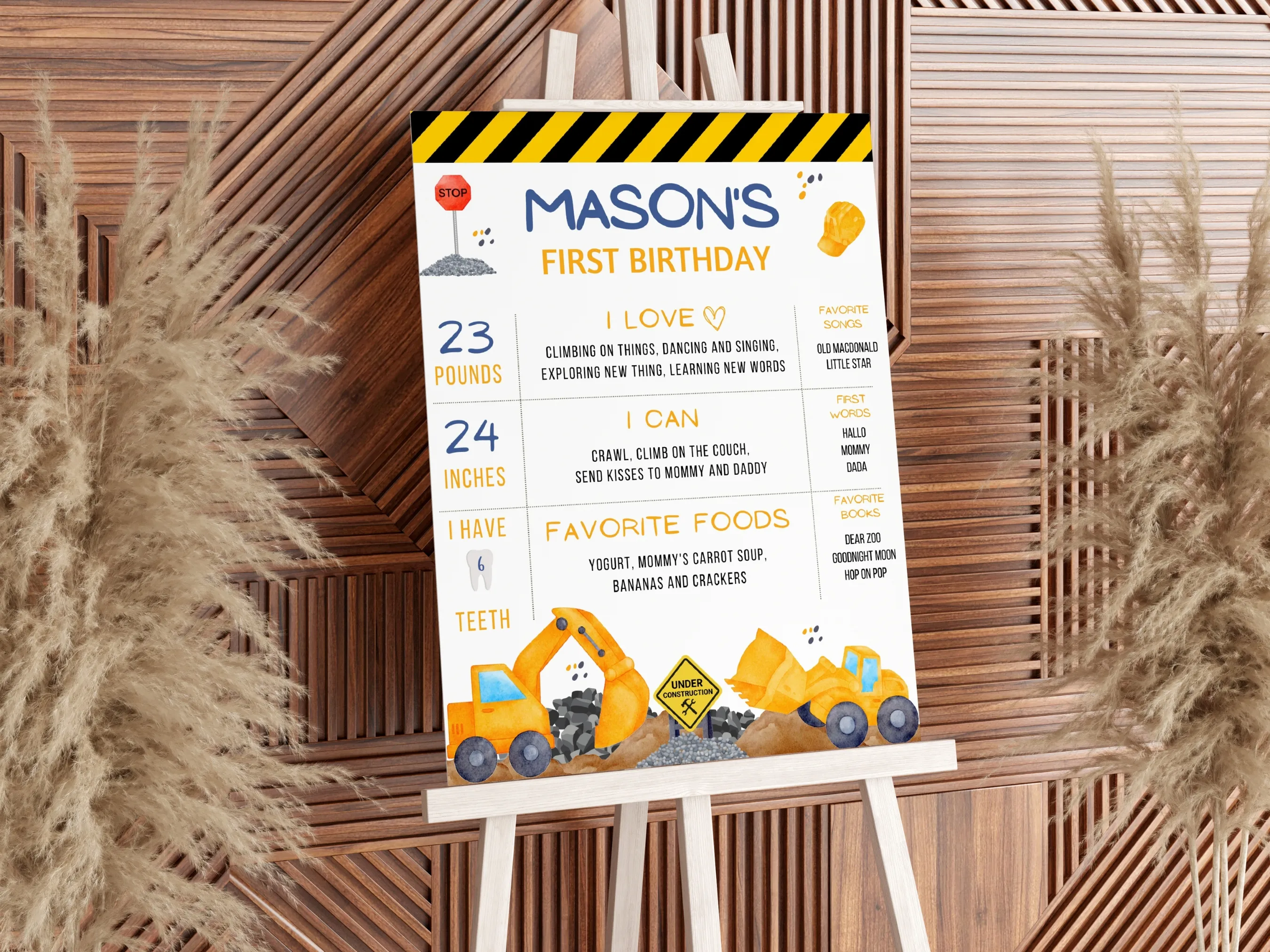 Construction Birthday Milestone Board | Excavator Milestone Poster | Dump Truck Baby Milestone Sign | 1st Birthday Party | Editable Canva Template | Digital Download