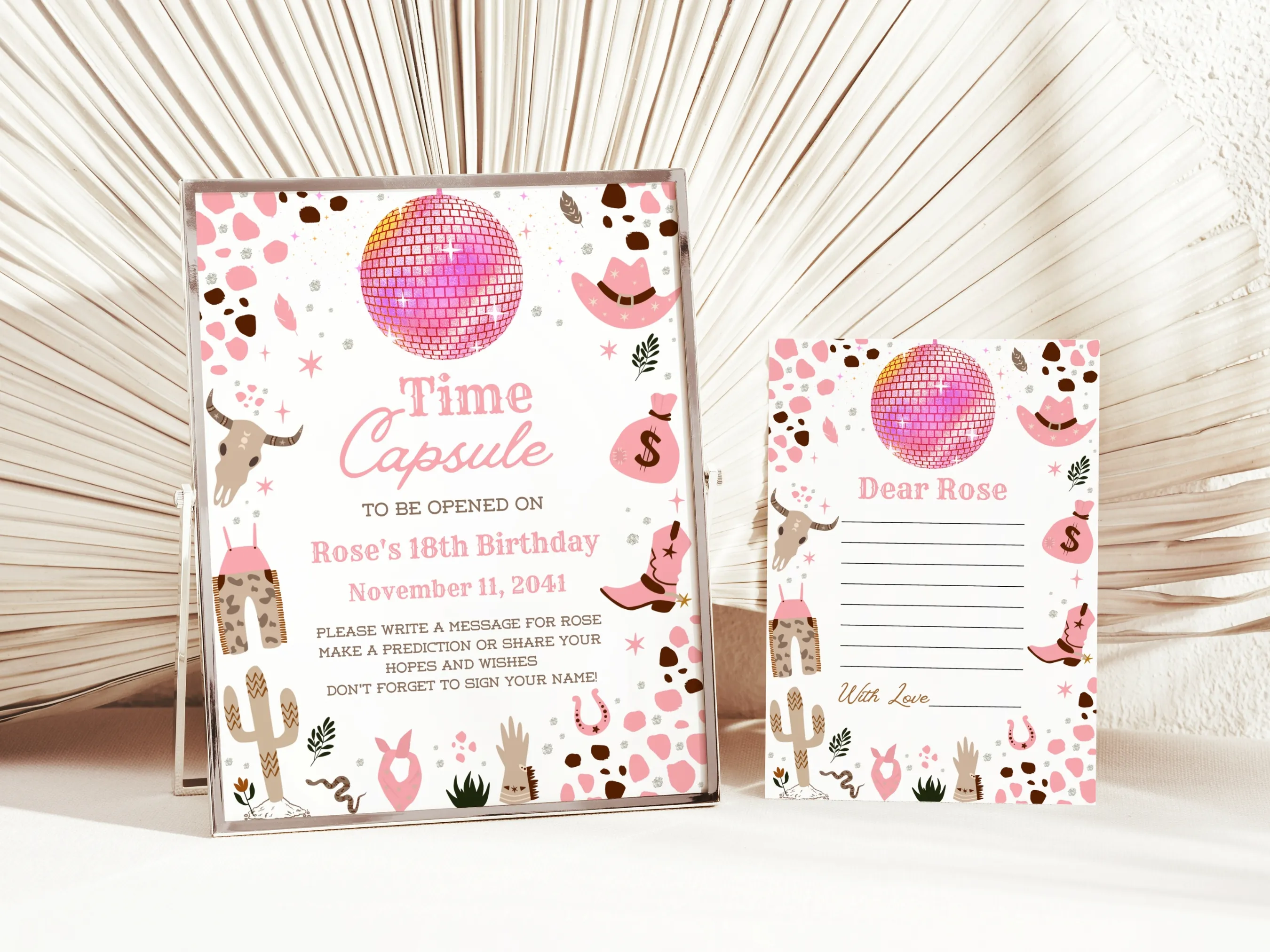 Disco Cowgirl 1st birthday time capsule sign and wishes card with western party guest book, editable Canva template, digital download.