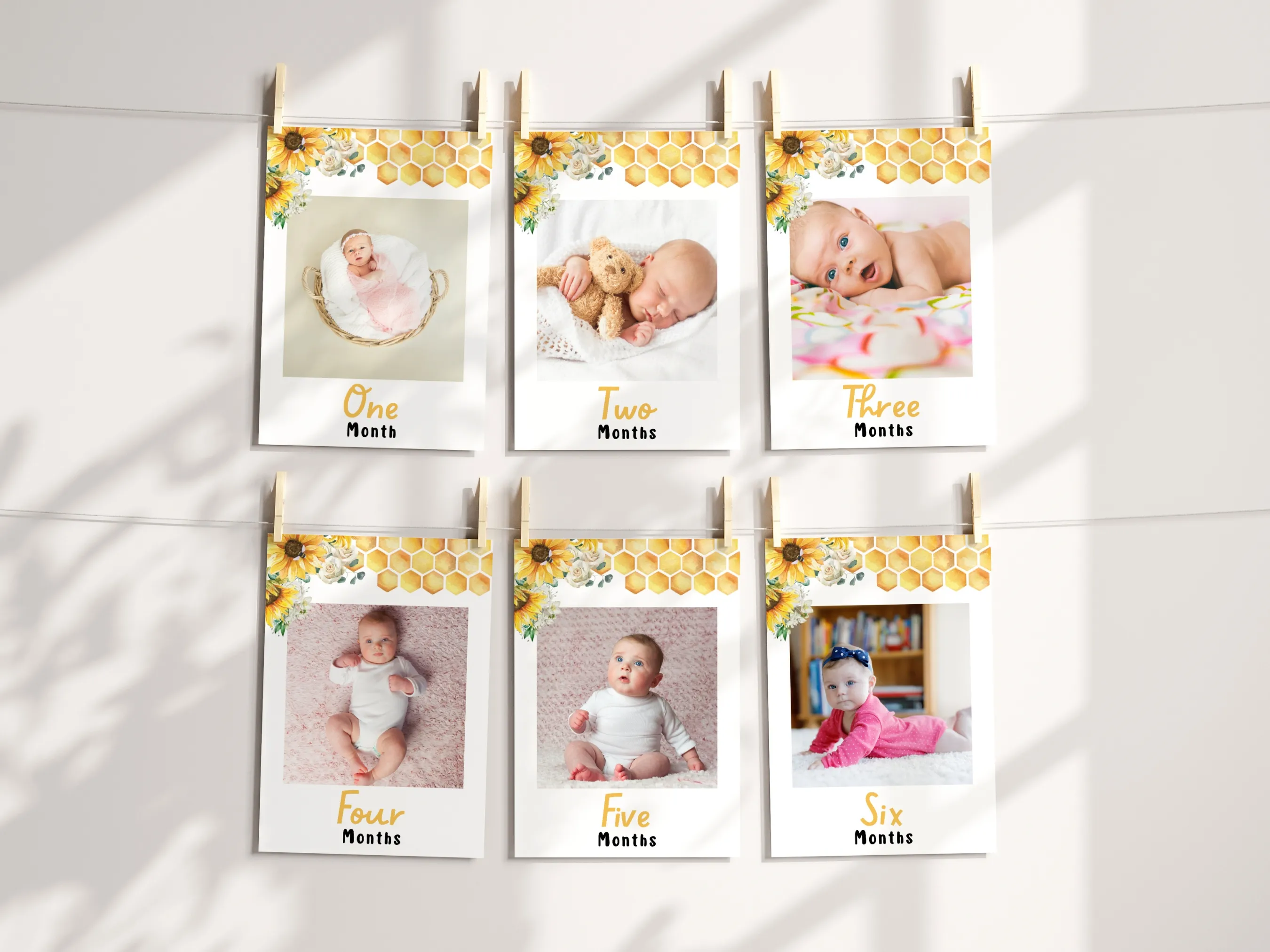 First Bee Day birthday milestone photo banner with sunflower bee monthly cards, editable Canva template for personalized bee-themed birthday decorations, digital download.